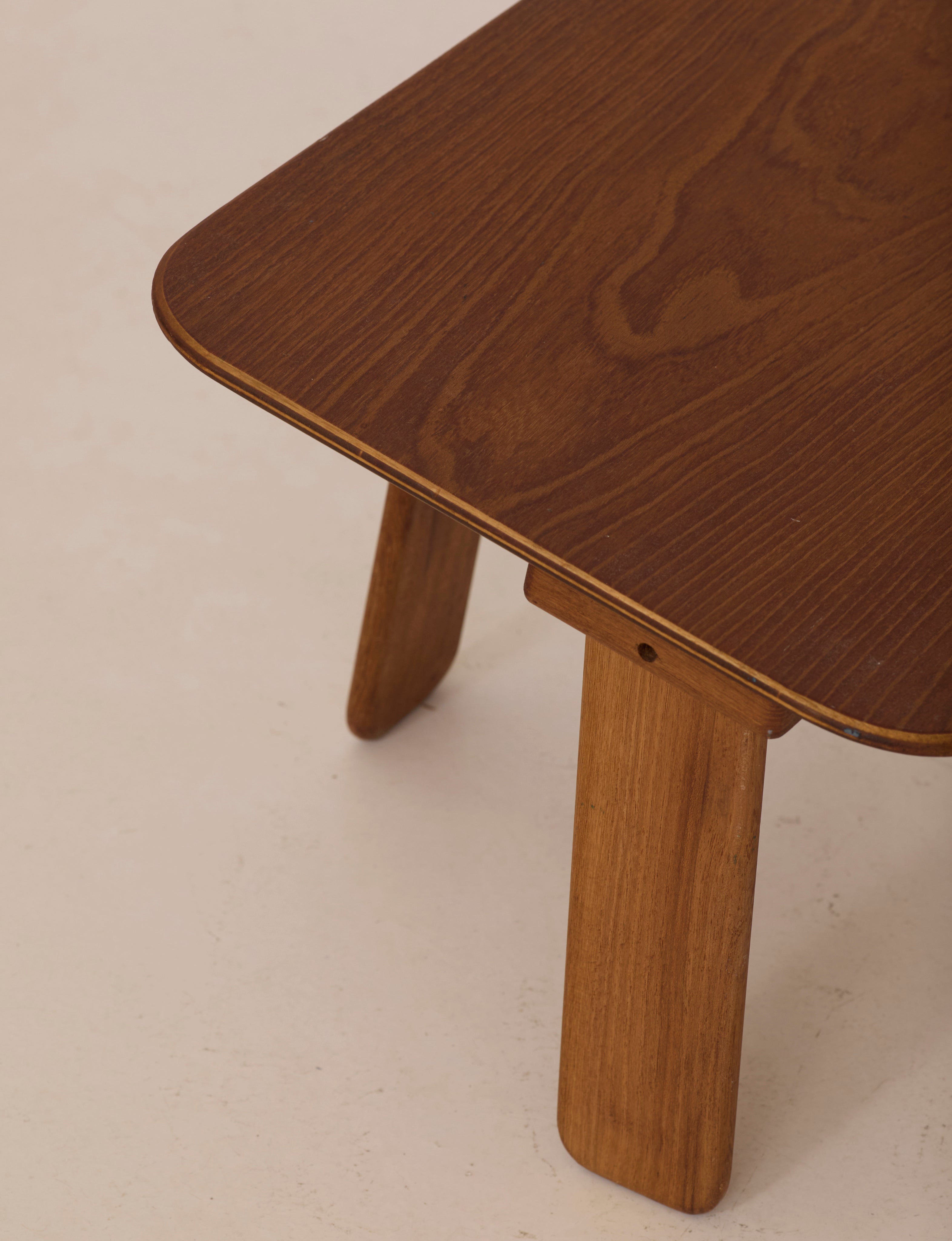 Small dismountable wooden meditation table by Alain Gaubert, France circa 1980 — back view highlighting wooden legs and surfa