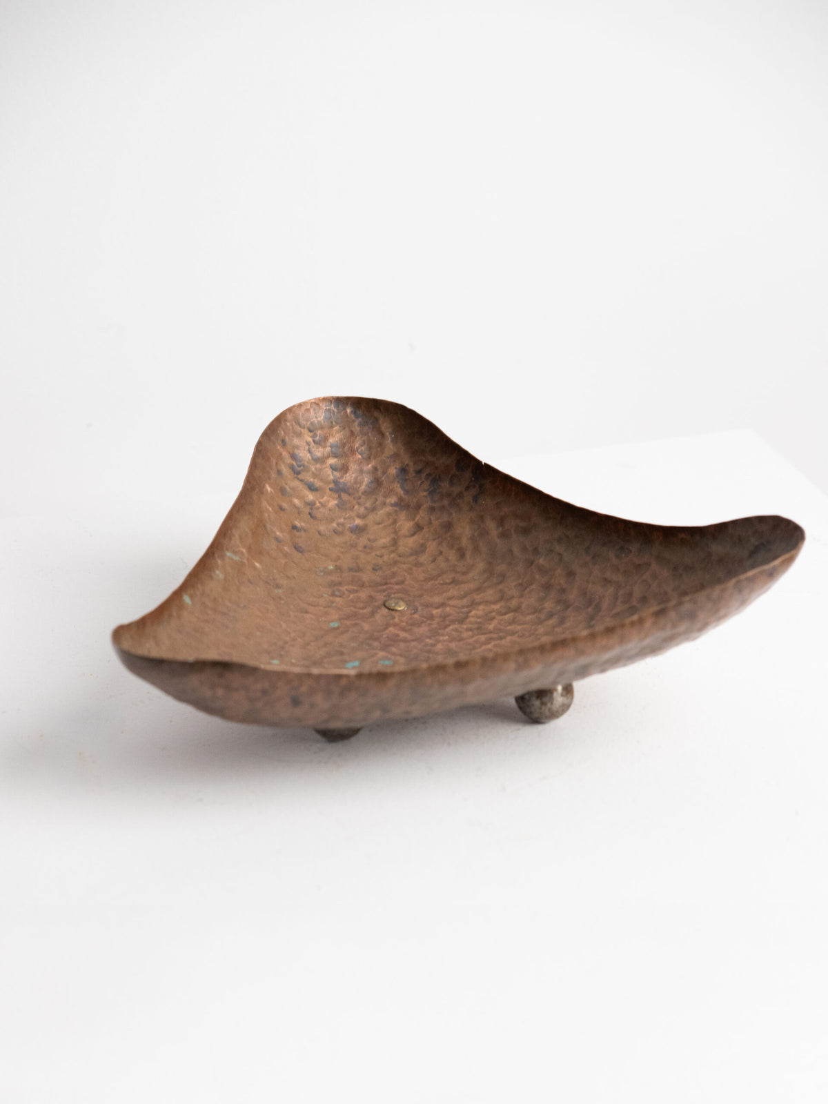 Hand-Hammered Copper Tray on Ball Feet, Scandinavian Craft, 1950s — side angle