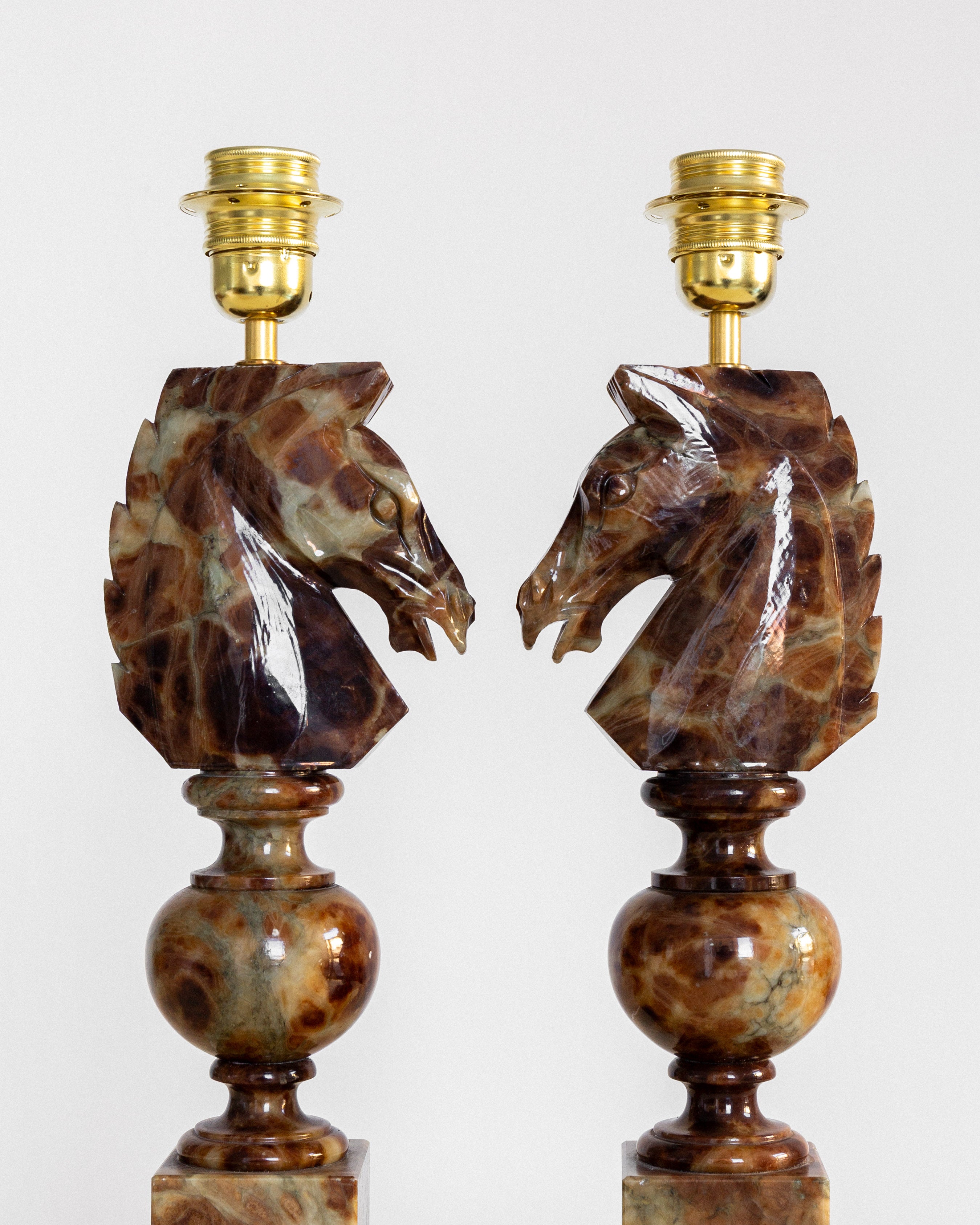 Pair of Large Alabaster Horse Head Table Lamps, Italy, 1970s — front view highlighting intricate horse head details