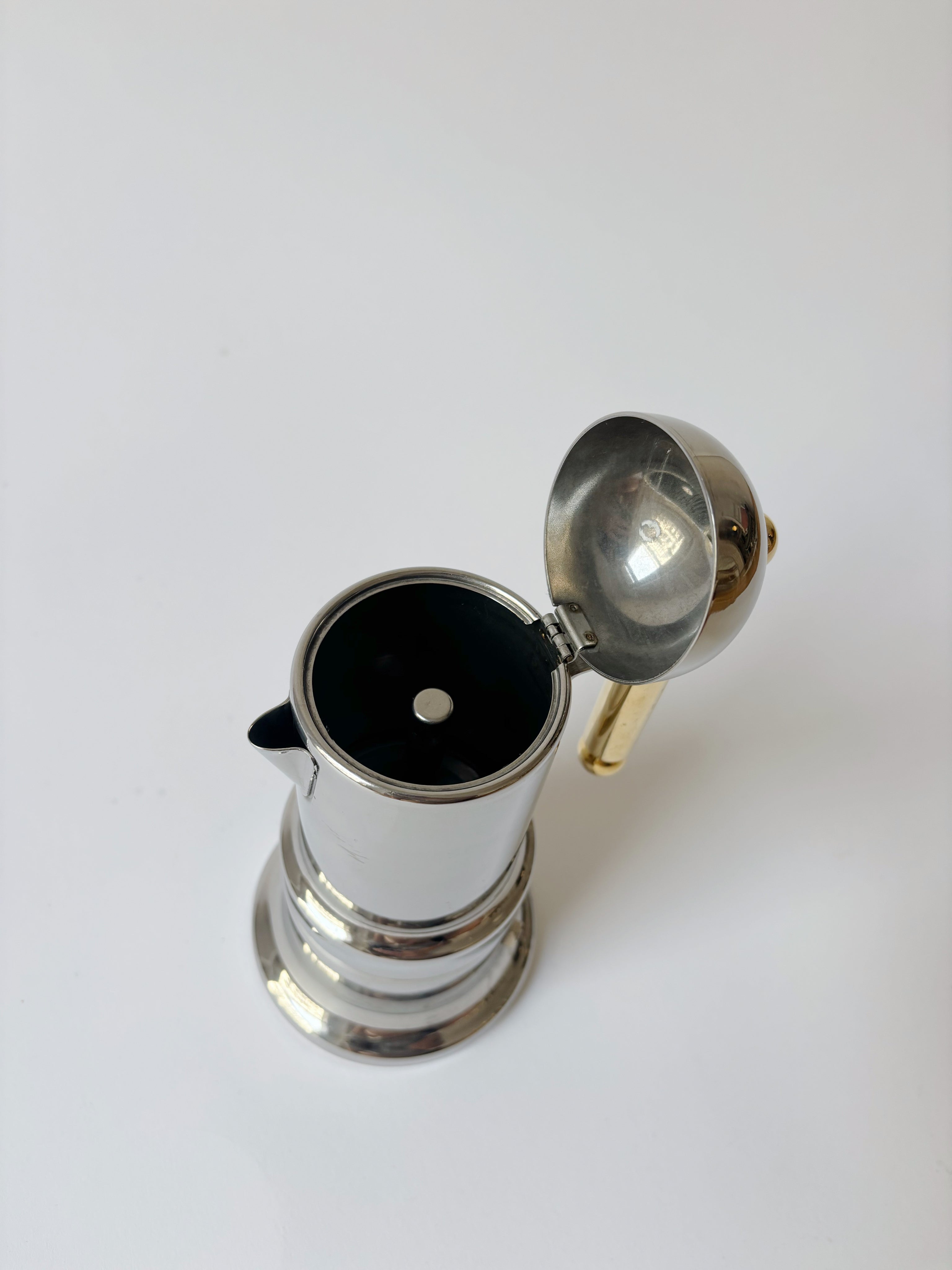 Kontessa Moka Pot, c. 1980's Italy — top view showing polished metal finish