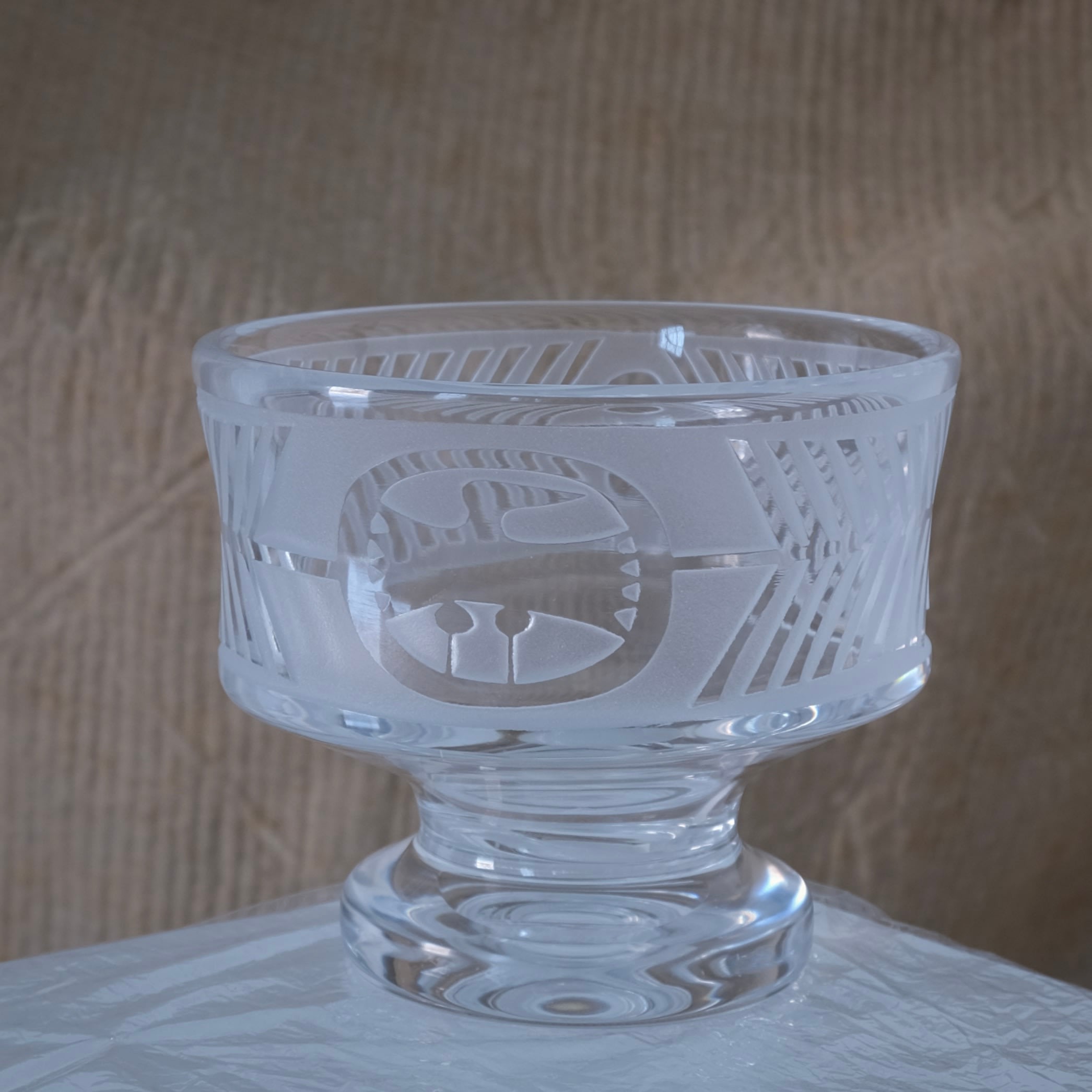 Bertil Vallien Glass Footed Bowl for Boda Åfors, 1960s — side angle showing etched glass design