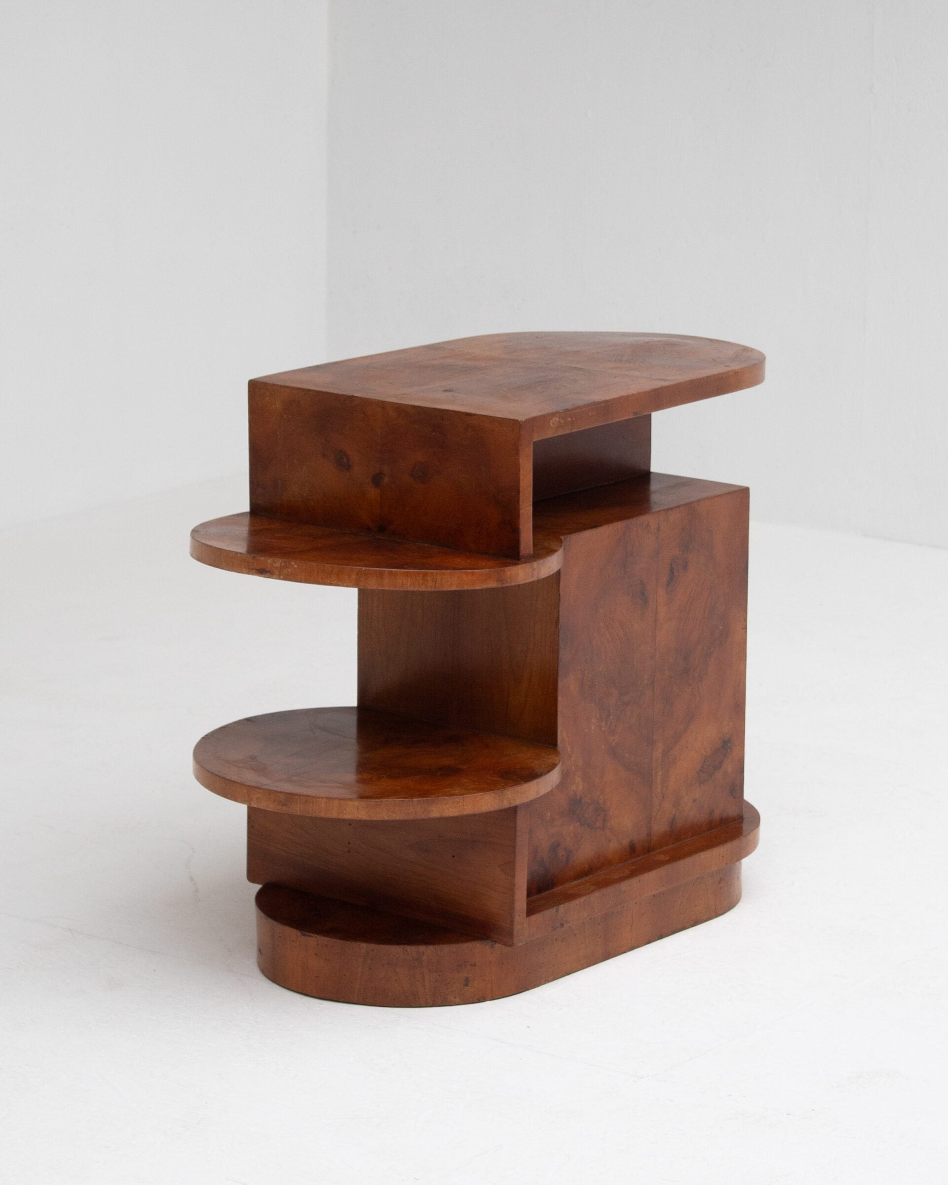 Art Deco Etagere Shelf Unit — side angle showing rich wood grain finish