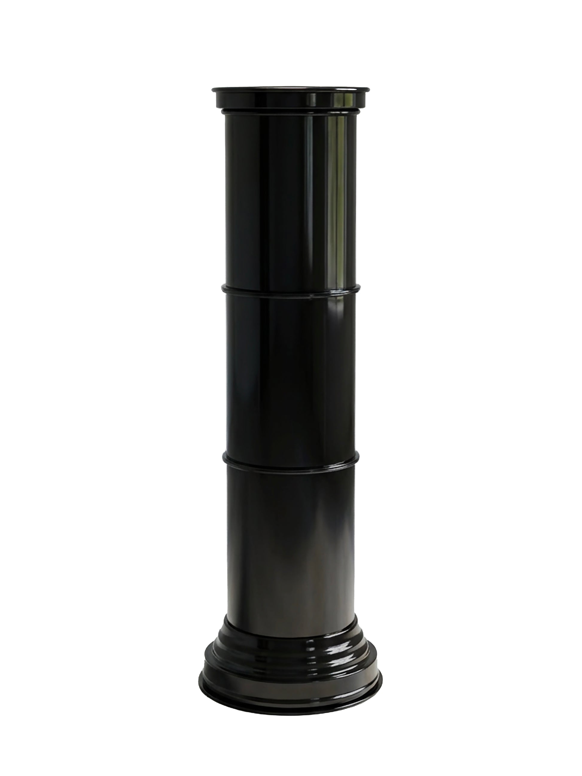 Black Metal Sculptures Column /Pedestal — side view highlighting glossy black finish