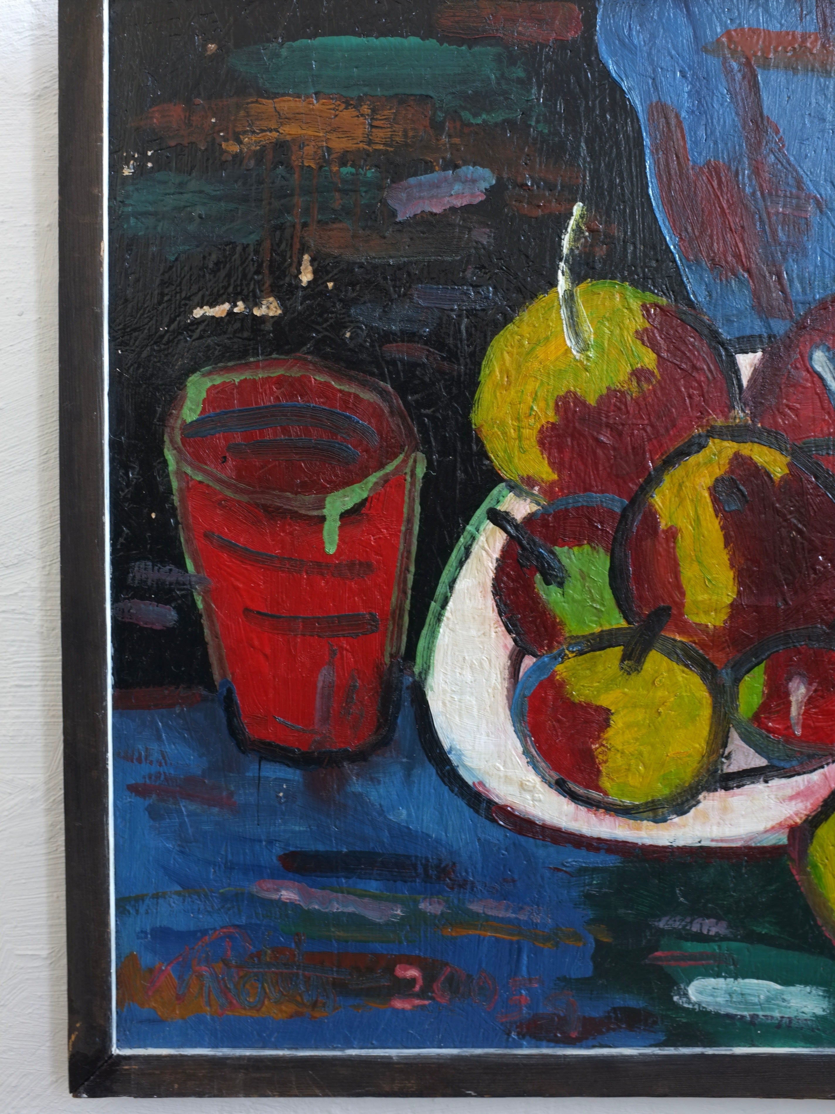 Uldis Rēdelis Still Life Painting "With Red Vessel" | Latvia | 2005 — close-up of red vessel and fruit details