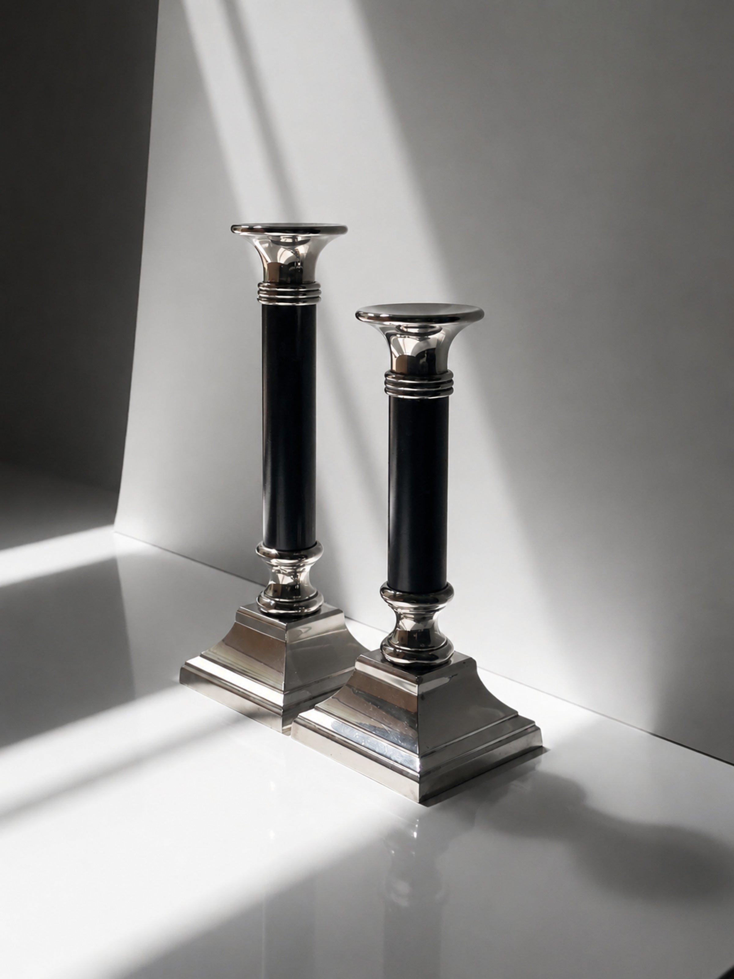 Silver plated classical candleholders — detail view