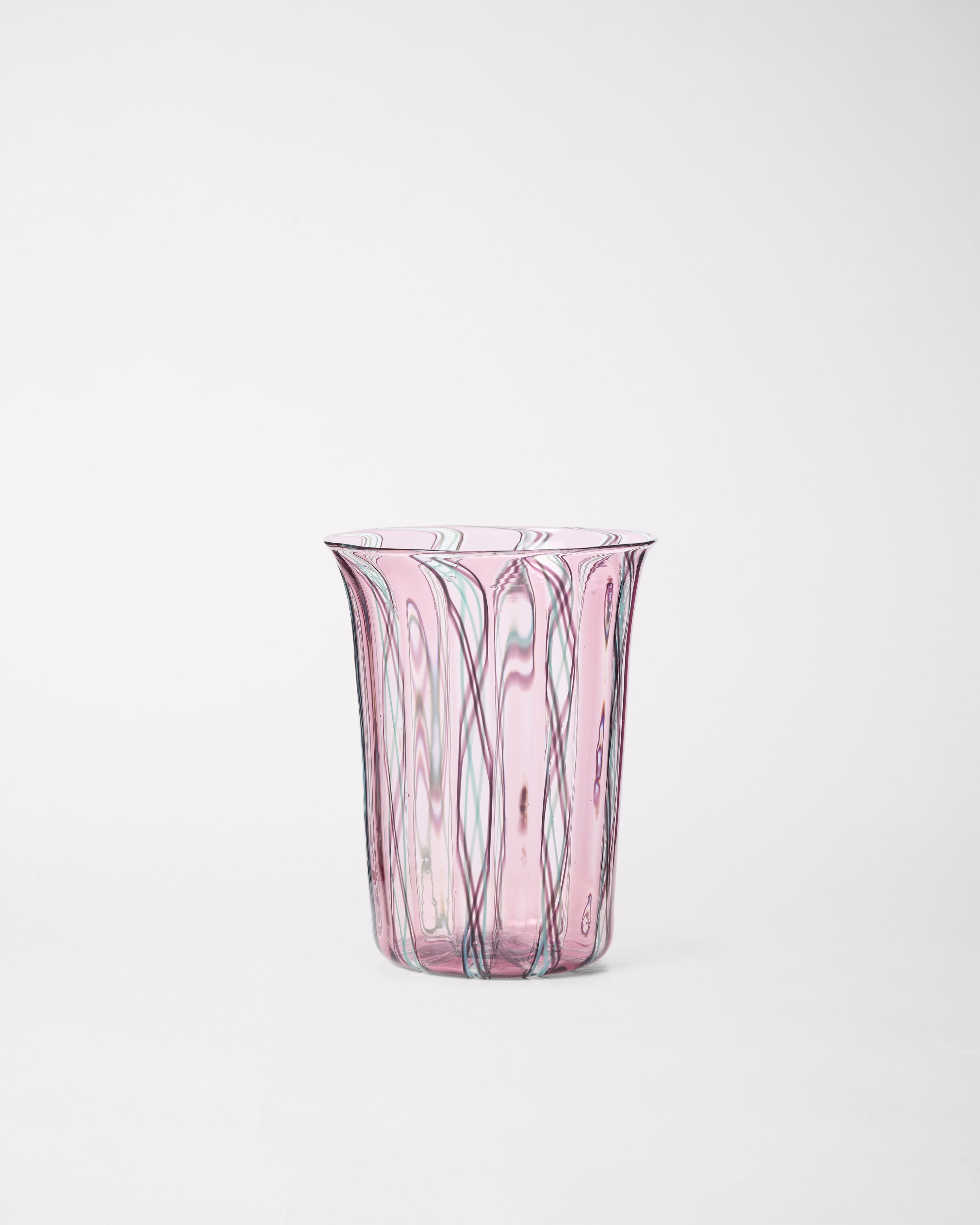 Clara Glasses - Set of four — close-up of pink glass with colorful swirls