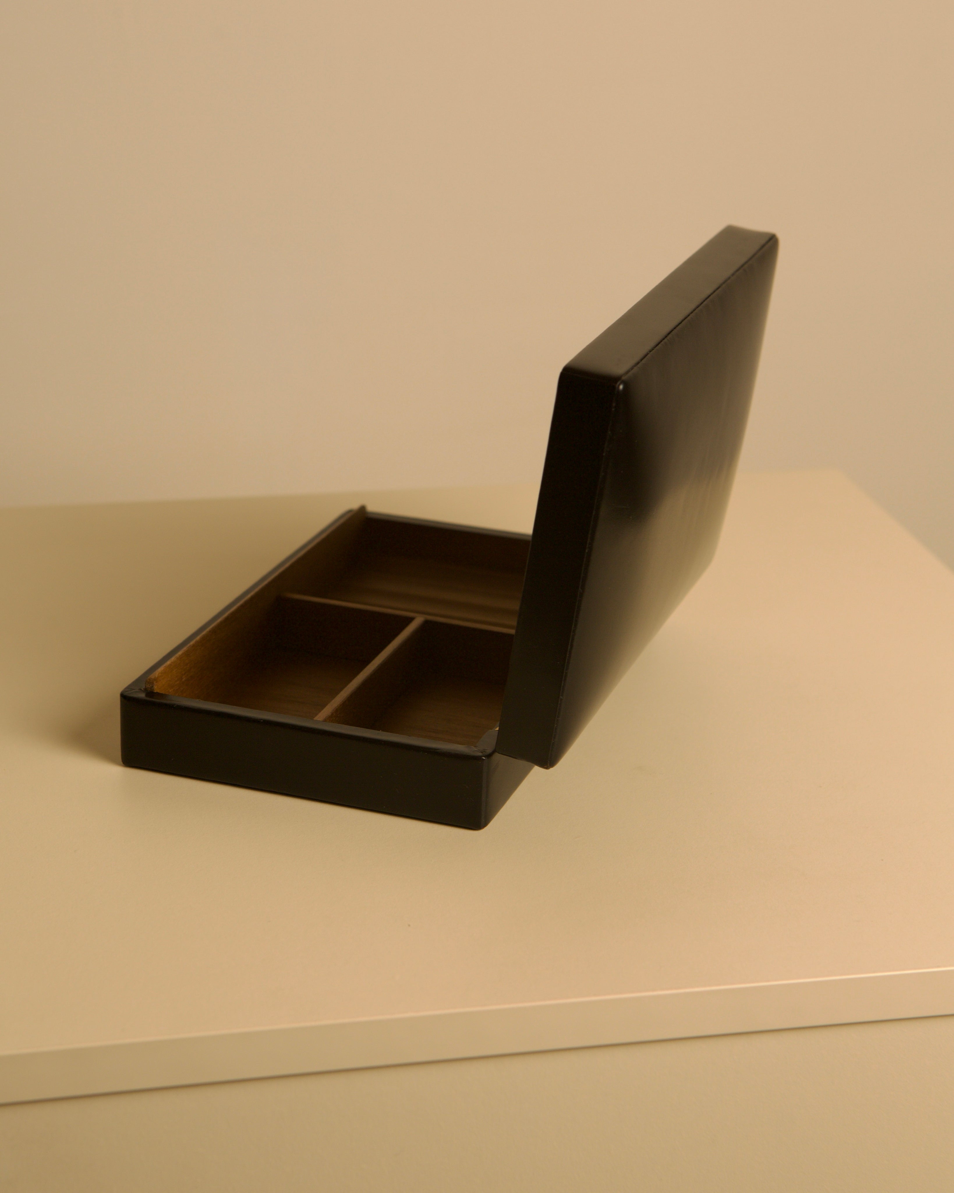 Pair of Italian Boxes, 1960s — top view of black leather box with compartments