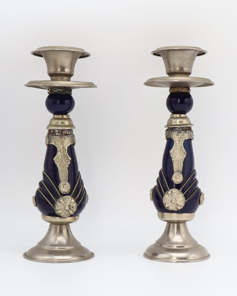 Pair of Vintage Moroccan Style Candlesticks – Cobalt Blue Resin & metal Ornamentation by Forma Finds | The Oblist