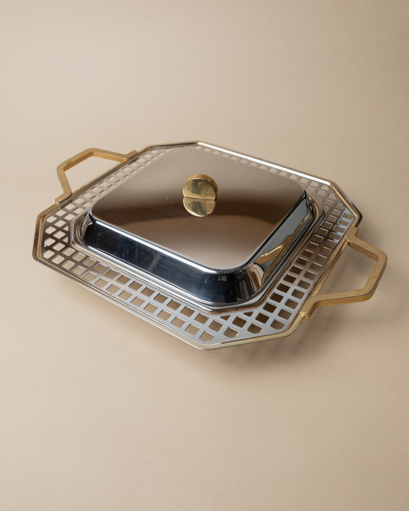 Serving Platter, Italy 80s — close-up of polished metal with brass handles