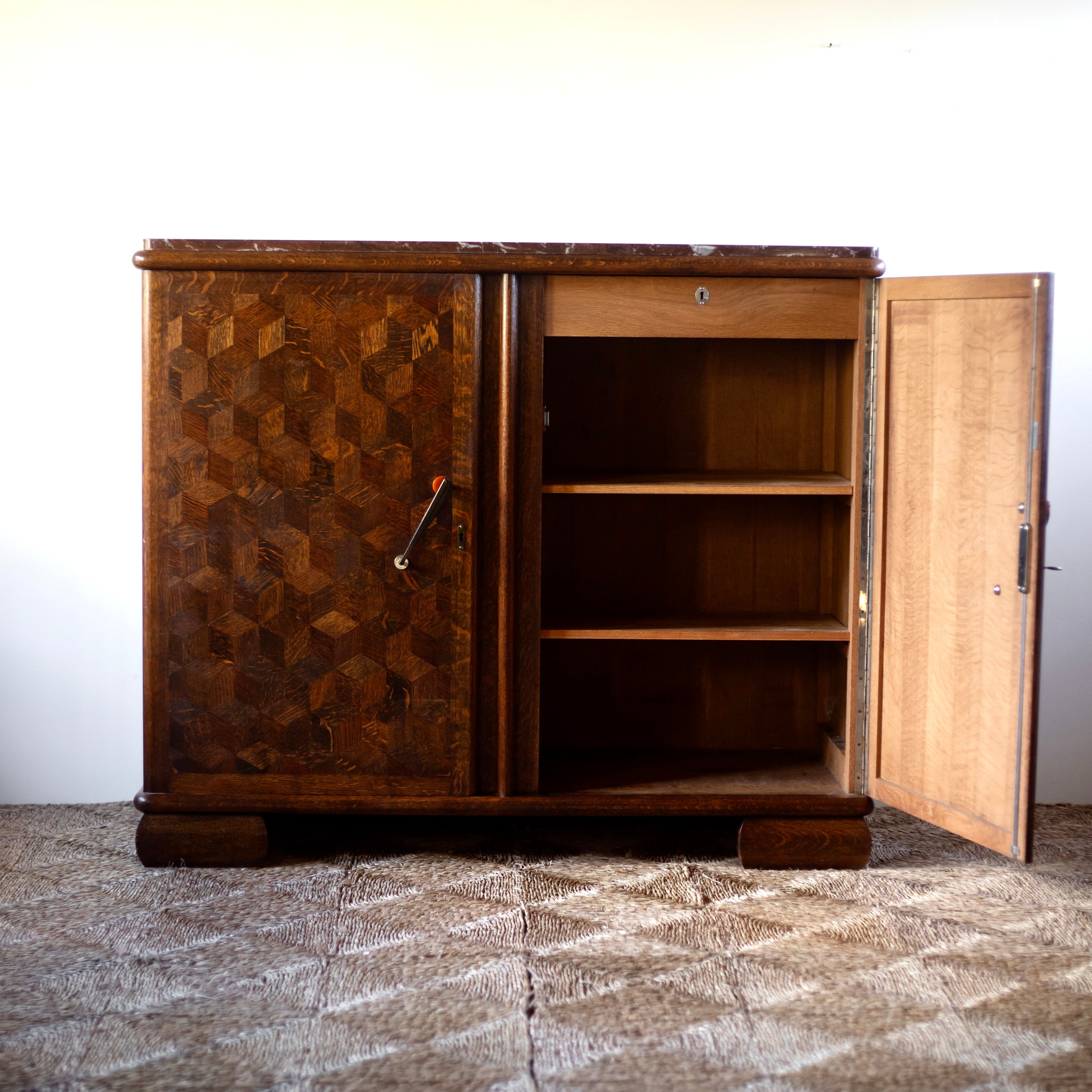 Pair of Art Deco Belgian Parquetry Cabinets with Rose Marble Tops — front view with open door and wooden shelves