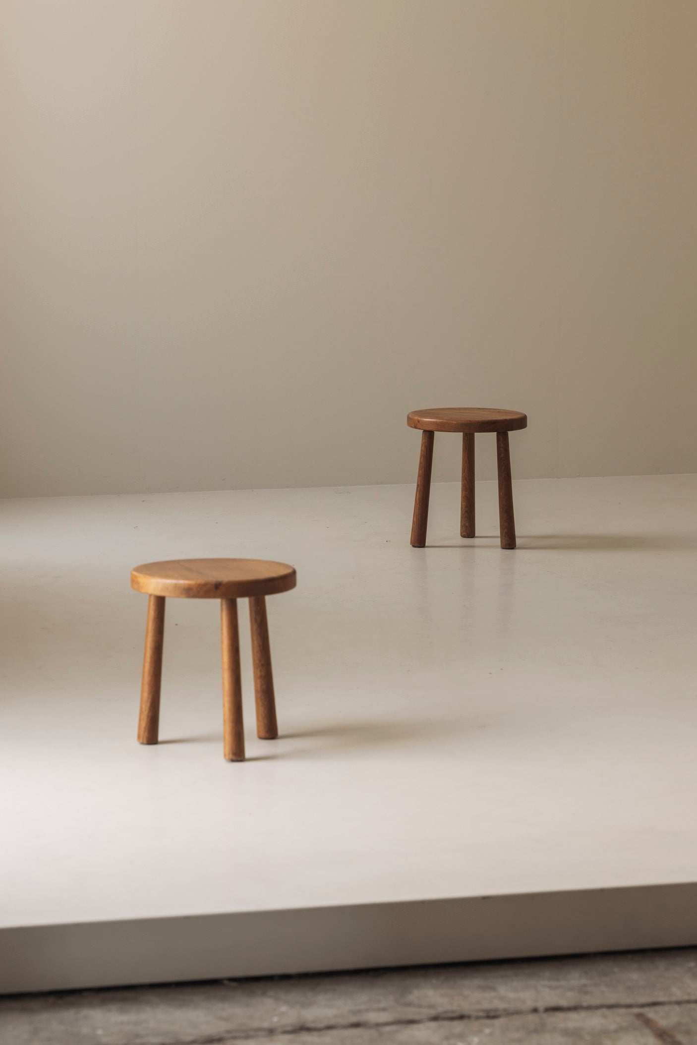Sculptural Set of Two Solid Oak Stools, France, 1960s — alternate view