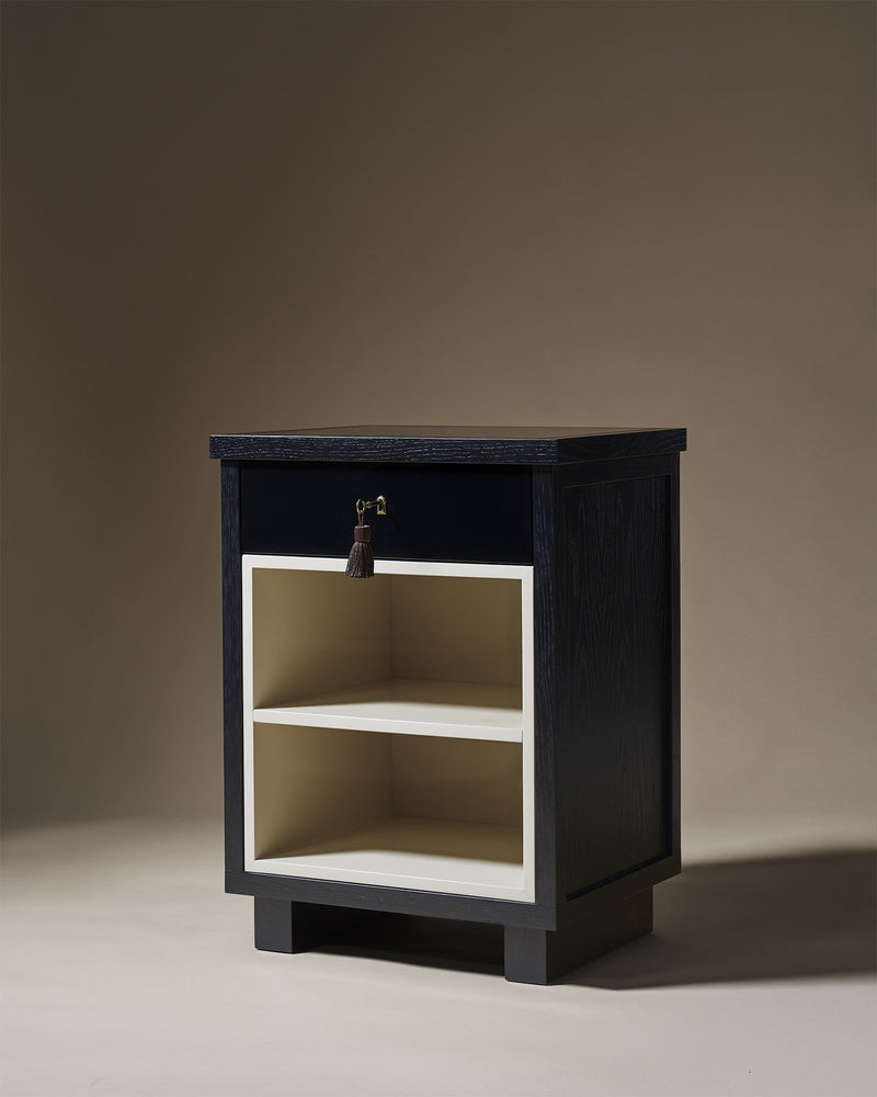 Lauren bedside table with open door revealing interior shelves