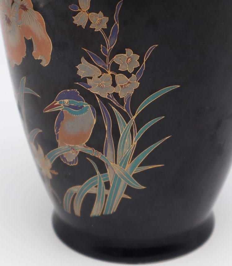1980s Japanese Porcelain Bud Vase with Kingfisher and Iris Motif — side angle