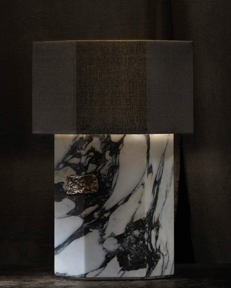 Ottavia Calacatta Viola marble table lamp with dark fabric shade