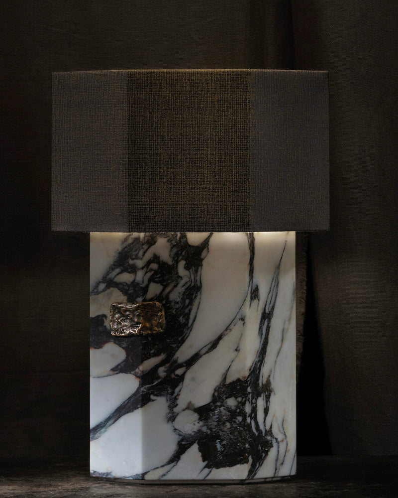 Ottavia Calacatta Viola marble table lamp with dark fabric shade