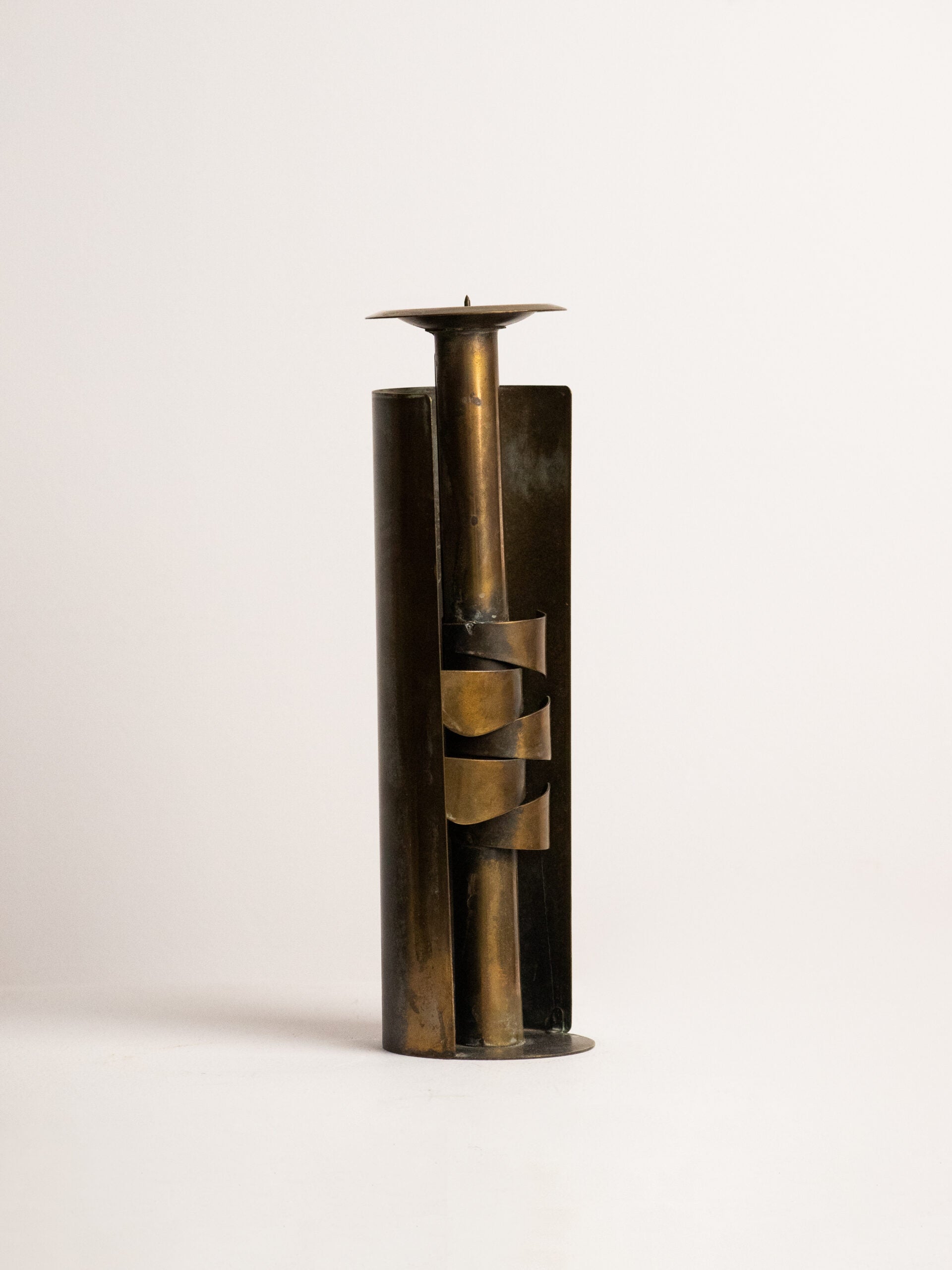 Czesław Palczewski Spiral Brass Candle Holder, Hand Cut Polish Brutalist Metalwork, 1970s by Studio Ecubed