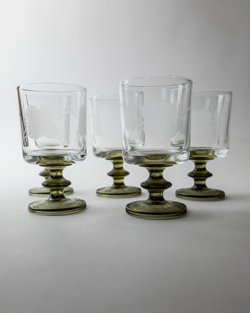 Vintage 1970s Wine Glasses Set of 5, Olive Green Stems with Etched Floral Clear Glass Bowls, Elegant Barware Decorative Tableware, Gift Idea — lifestyle setting