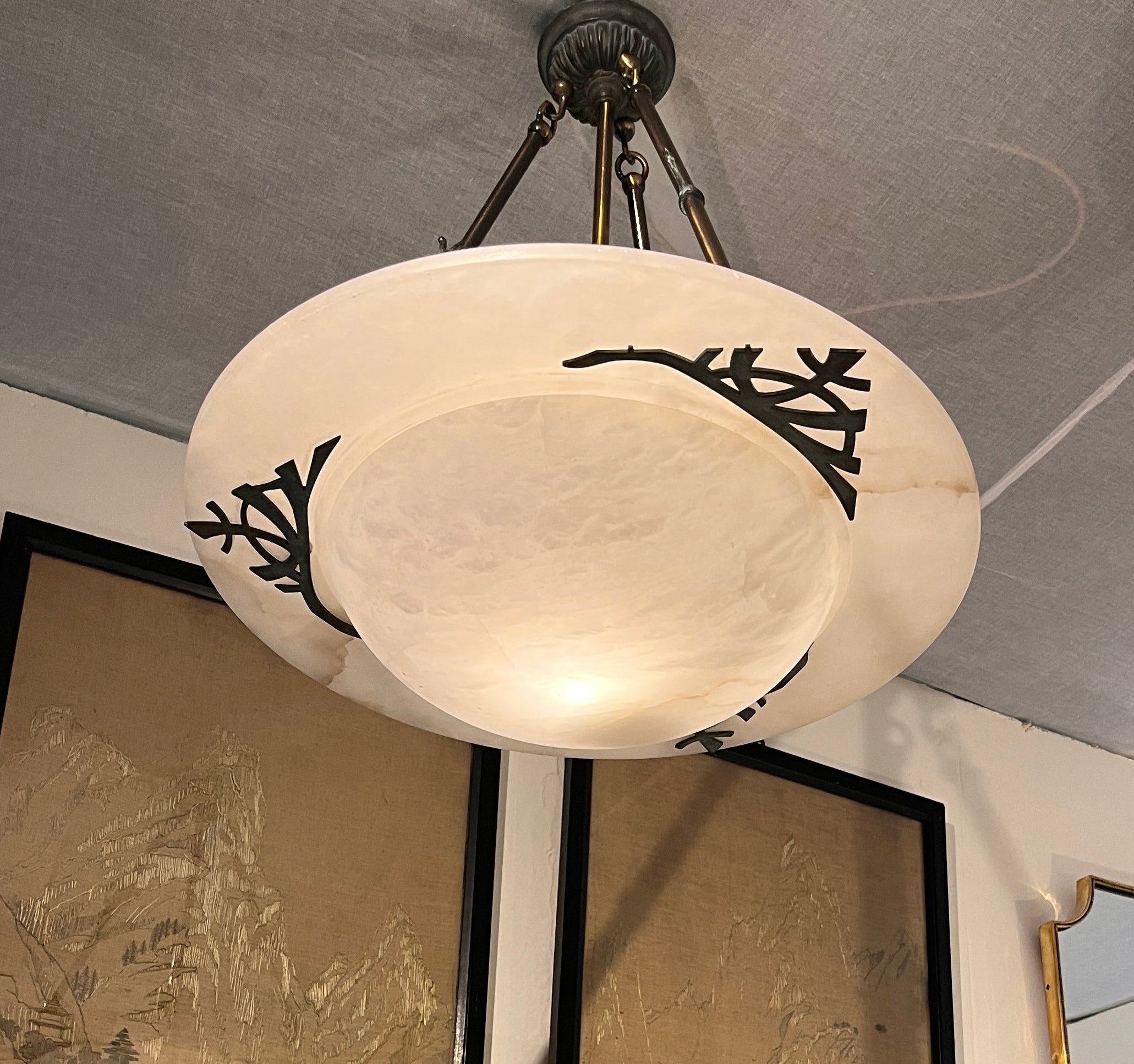 Art Deco Revival Carved Alabaster Plafonnier — back view with bronze accents