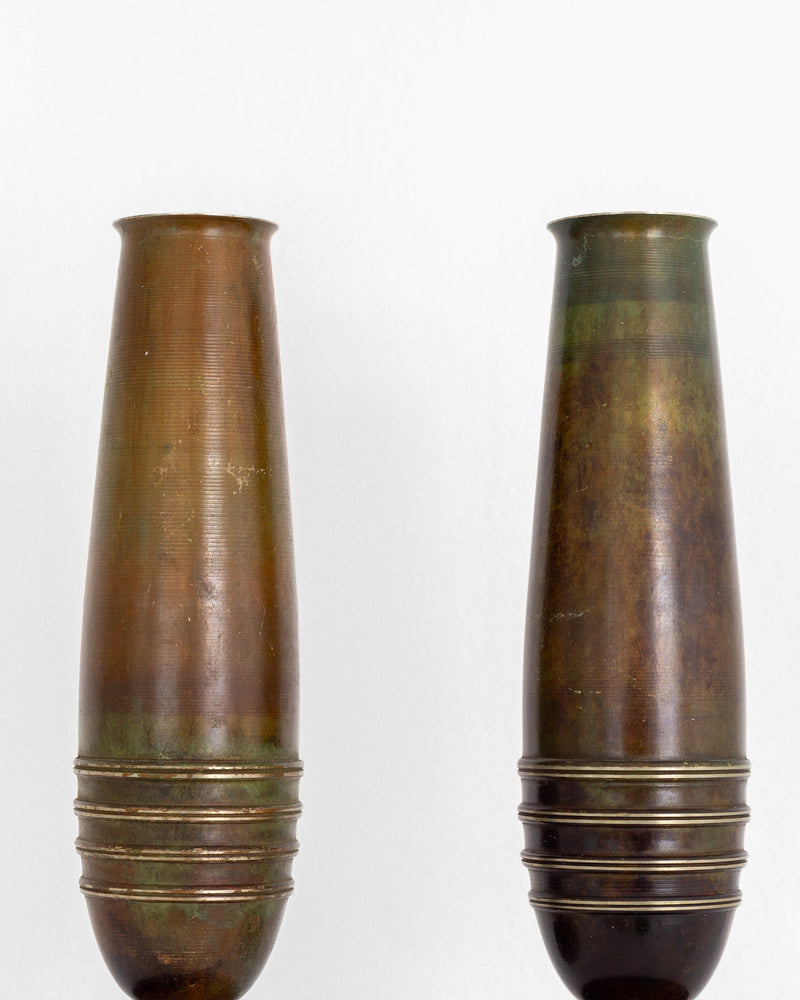 Pair of Modernist Brass and Bronze Vases — close-up of vases' surface textures