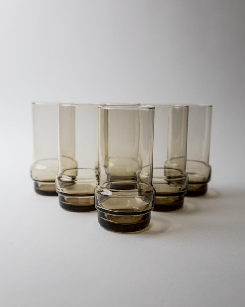 Vintage 1970s Drinking Glasses Set of 6, Smoky Grey Brown Glass for Water or Long Drinks, Decorative Retro Barware, Table Decor, Gift Idea — side angle
