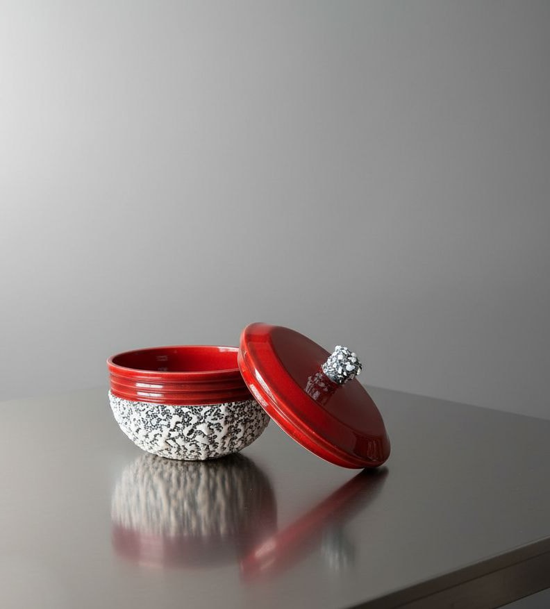 The Art Deco Ceramic Oxblood Box by Paul Millet Manufacture de Sevres from STUDIO ASAC features a red lid, a textured black-and-white exterior, and a glossy red interior, with the lid resting tilted against the bowl on a metallic surface.