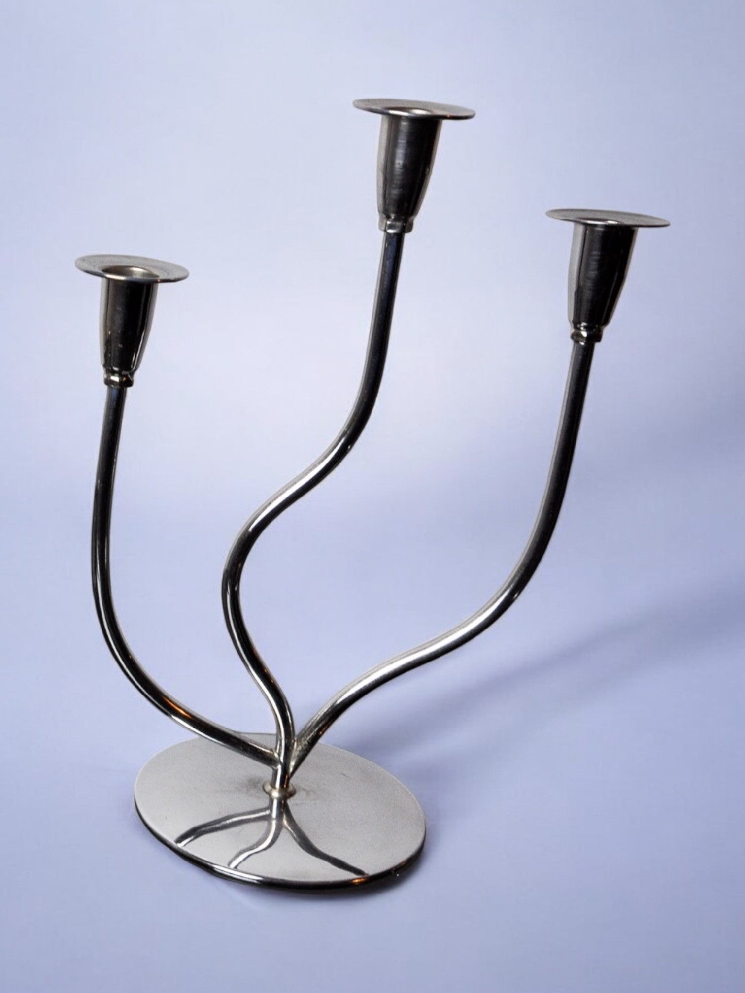 Art deco candlestick in stainless steel 3 flames, Spain, 1970 — side angle
