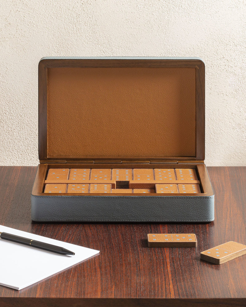 Luxury wooden domino set in leather case with orange tiles