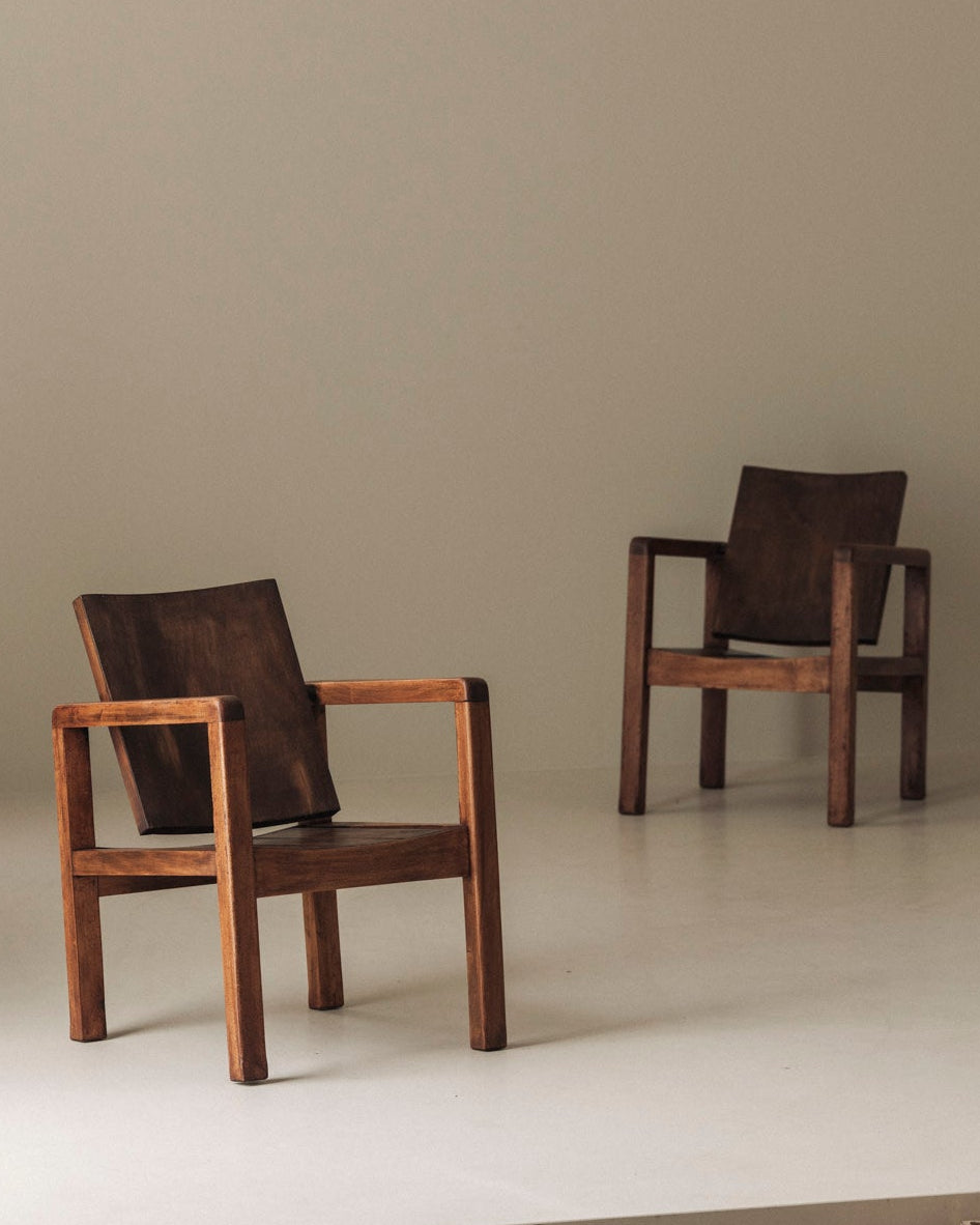 Pair of French Modernist Mahogany Armchairs, 1950s — detail view
