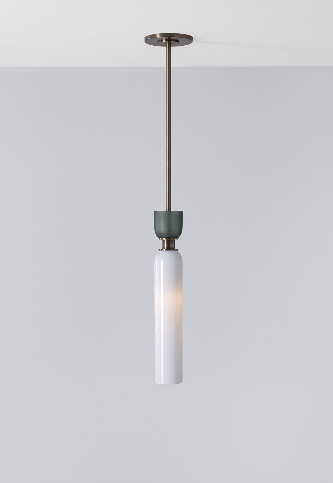 SkLO + Avroko Union Small Pendant - Light Beige/Olivin Frosted glass, Antique Brass finish — side angle