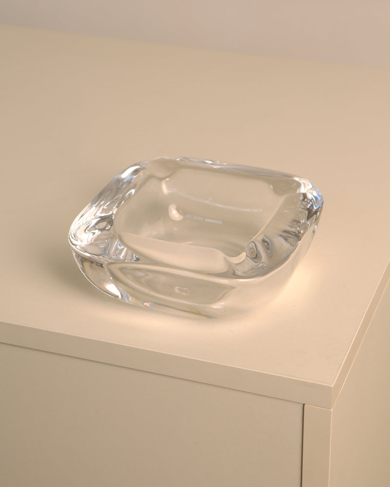 Clear Murano glass square ashtray with curved edges, Italian 1970s