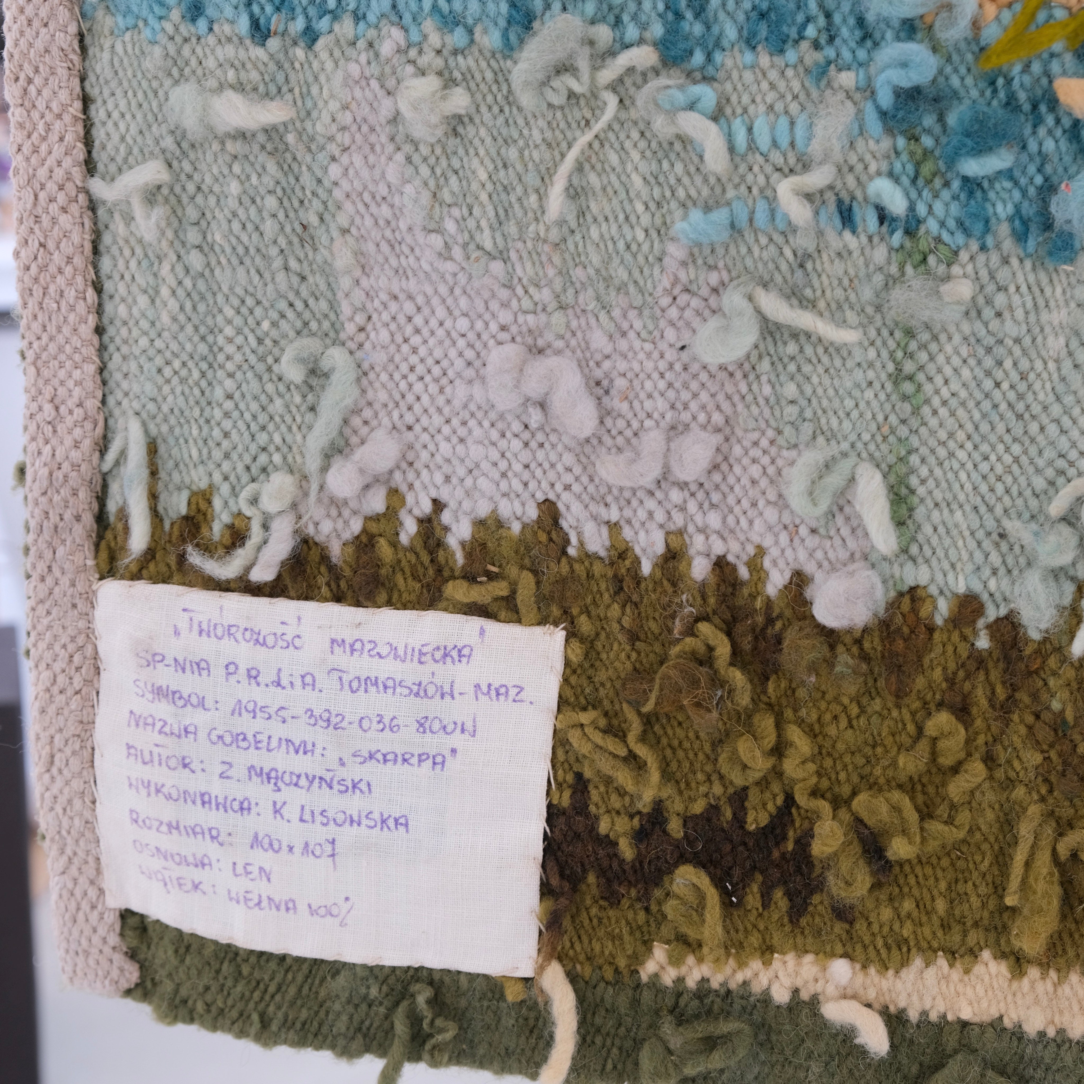 Mid-Century Landscape Wool Wall Tapestry, Poland — back view showing woven texture and label