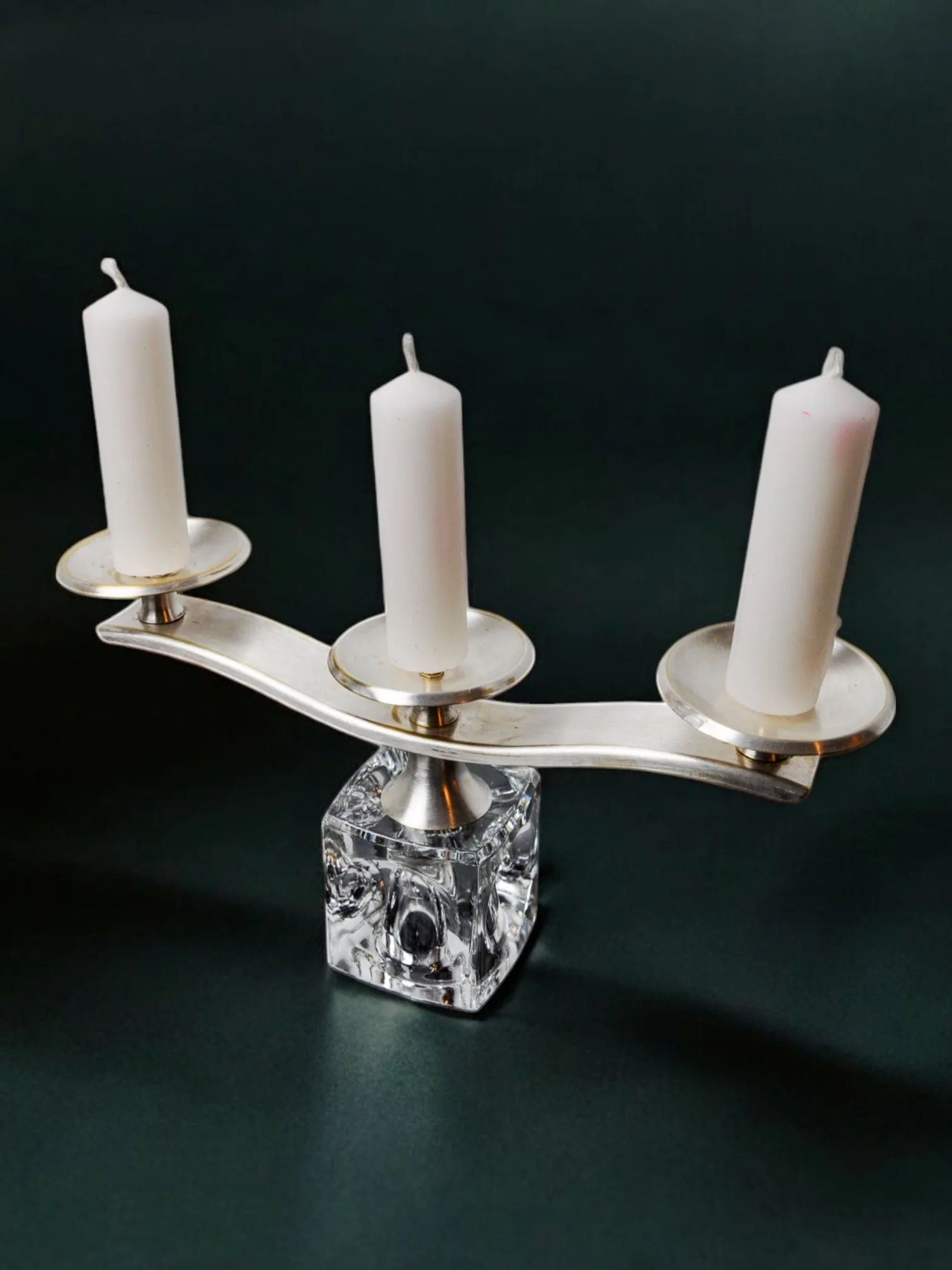 Ice Cube Candleholder by Peill & Putzler 70s — side angle with three white candles