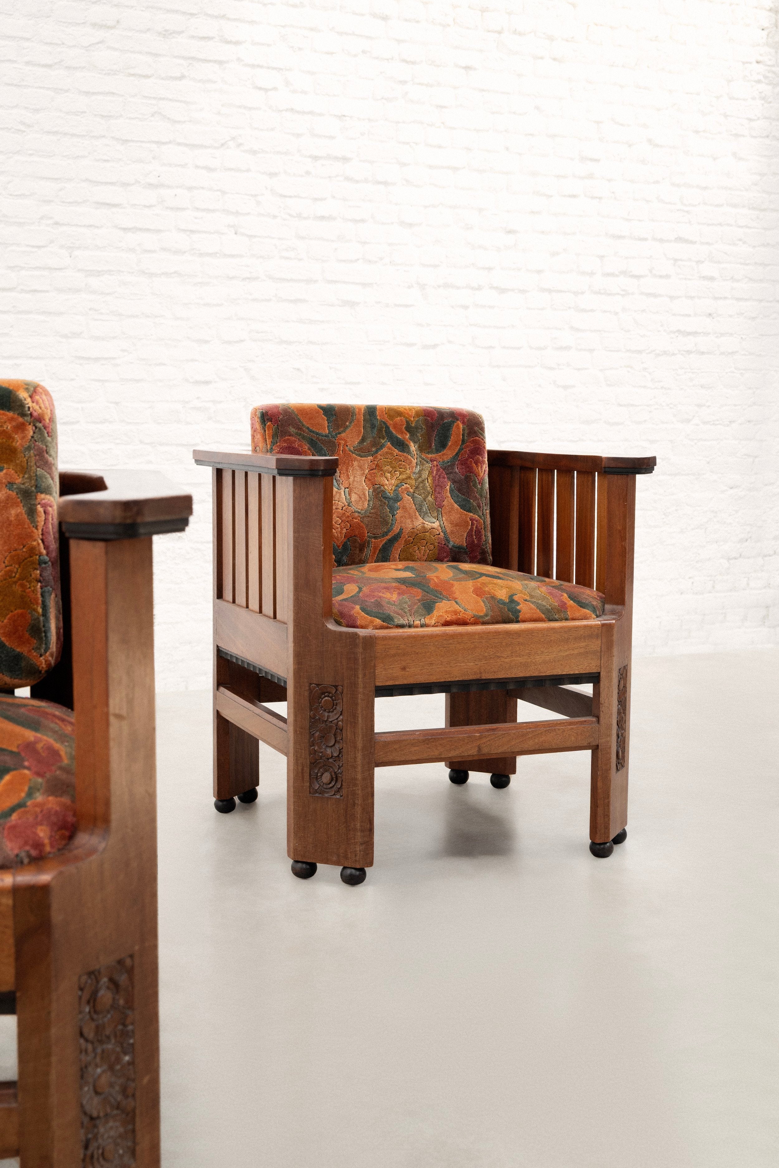 Pair of Amsterdam School Walnut Armchairs, Netherlands, c. 1930 — lifestyle setting