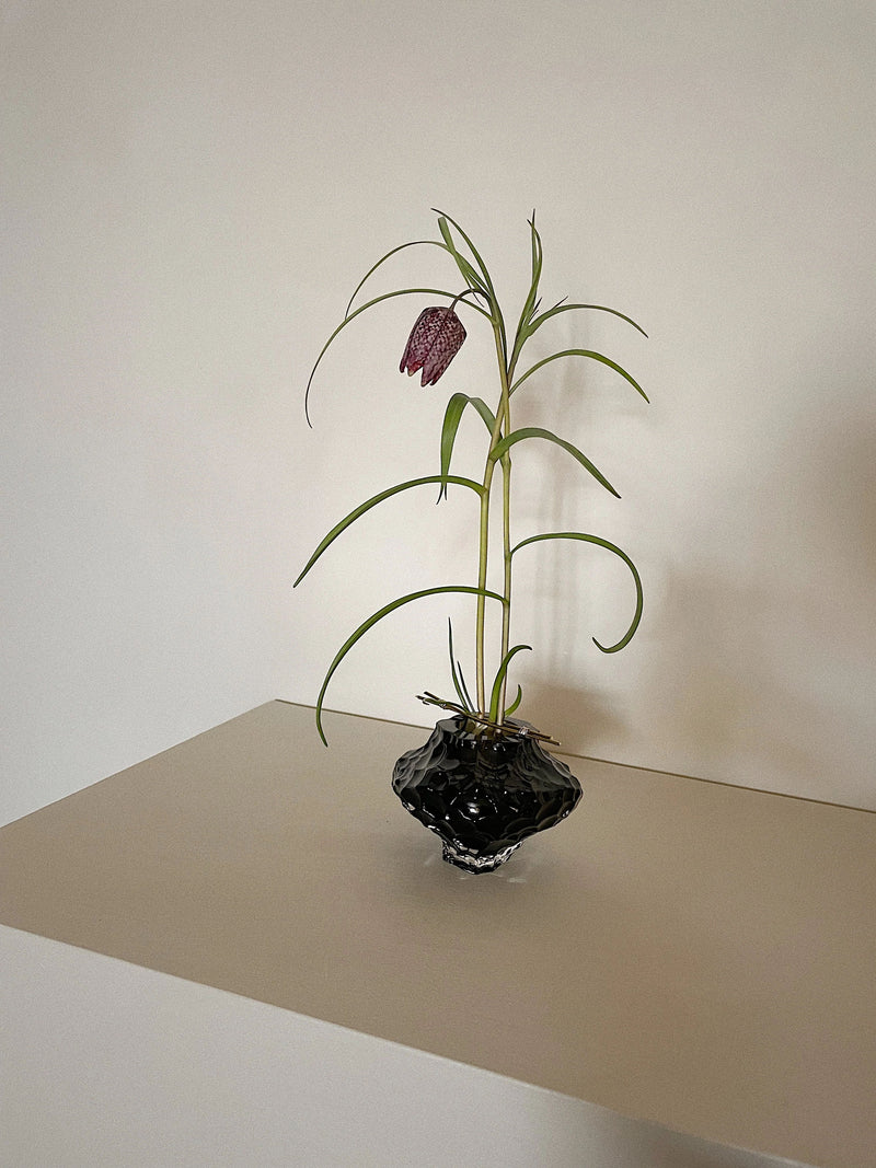 Canyon Vase - Mini - New Smoke — close-up with plant on white shelf