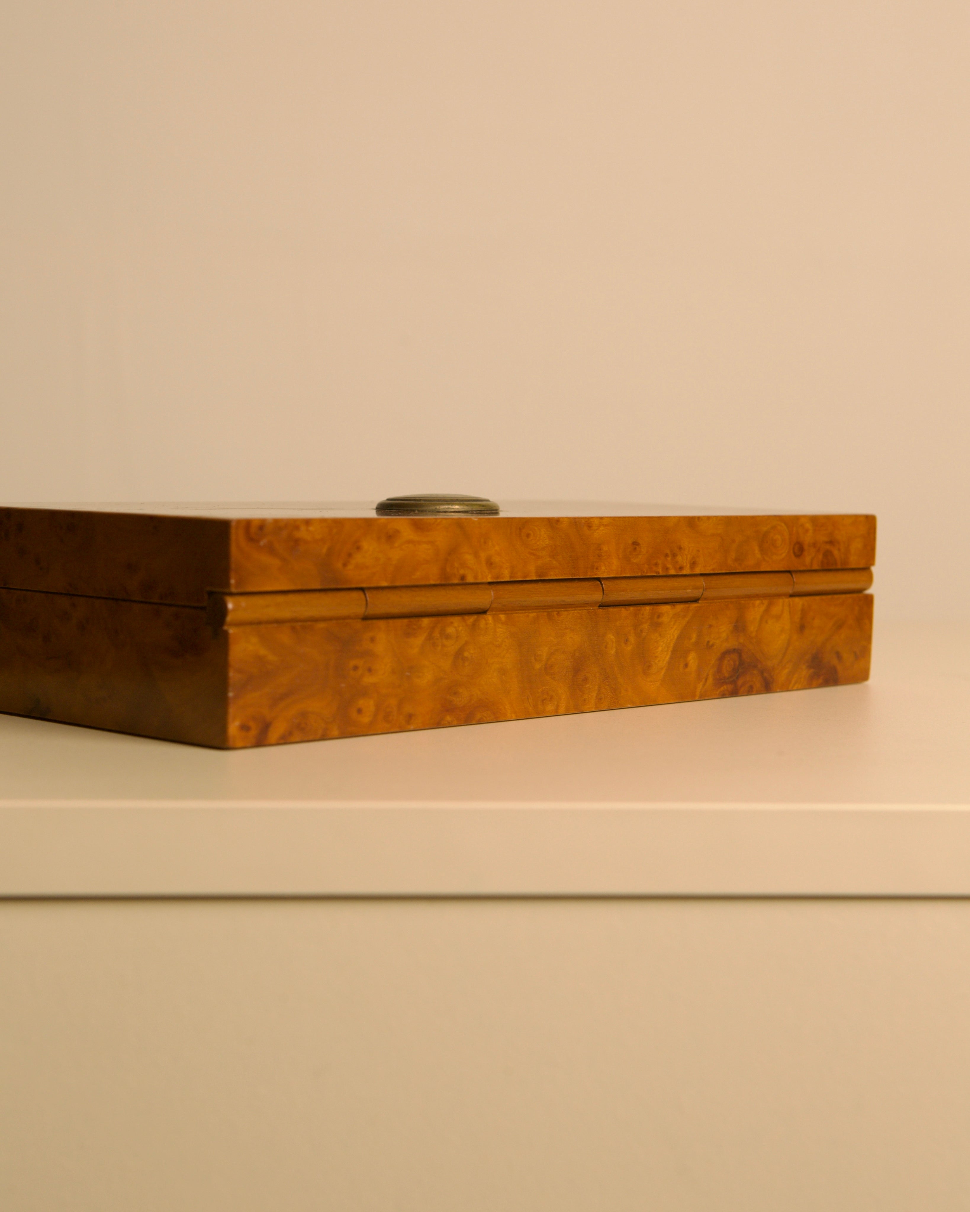 Italian Rectangular Burr Elm and Silver Box, 60s — top view showing rich wood grain detail
