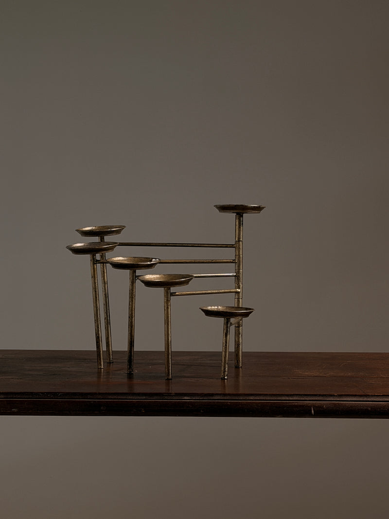 Articulated six-arm candelabra in silver-plated metal, France, circa 1950 — close-up