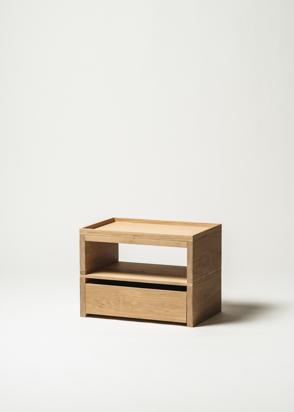 Eileen Bedside Table + Tray — close-up of light oak wood finish