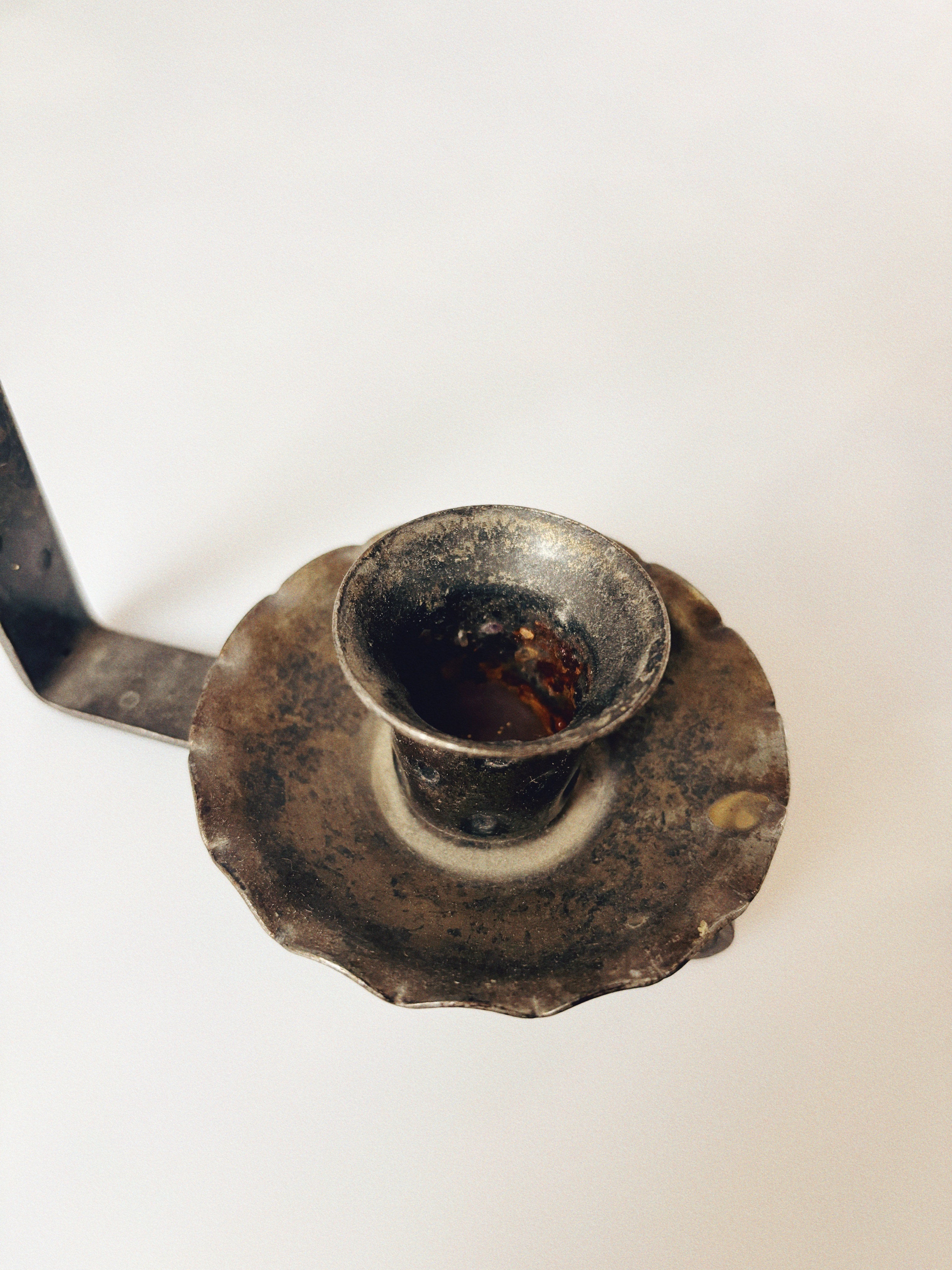 Metal Wall Lantern Candleholders, Mid Century Poland — top view of tarnished metal holder