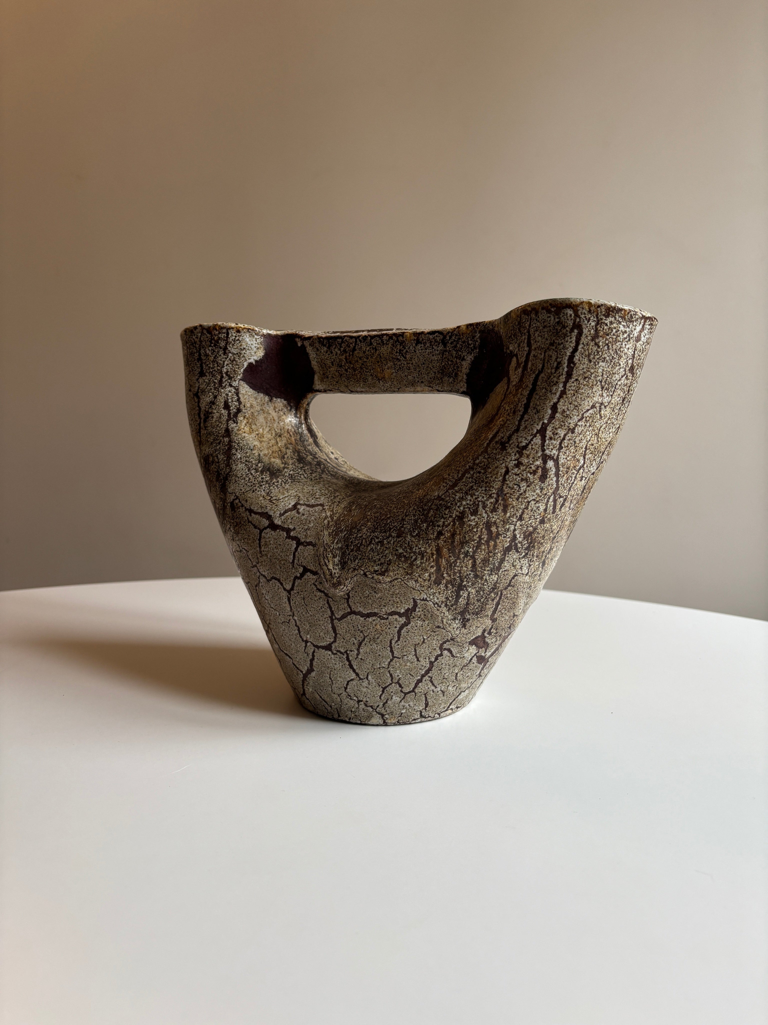 Brutalist Sculptural Ceramic Vase by Accolay — Burgundy, France, c.1950s — side angle showing textured ceramic surface