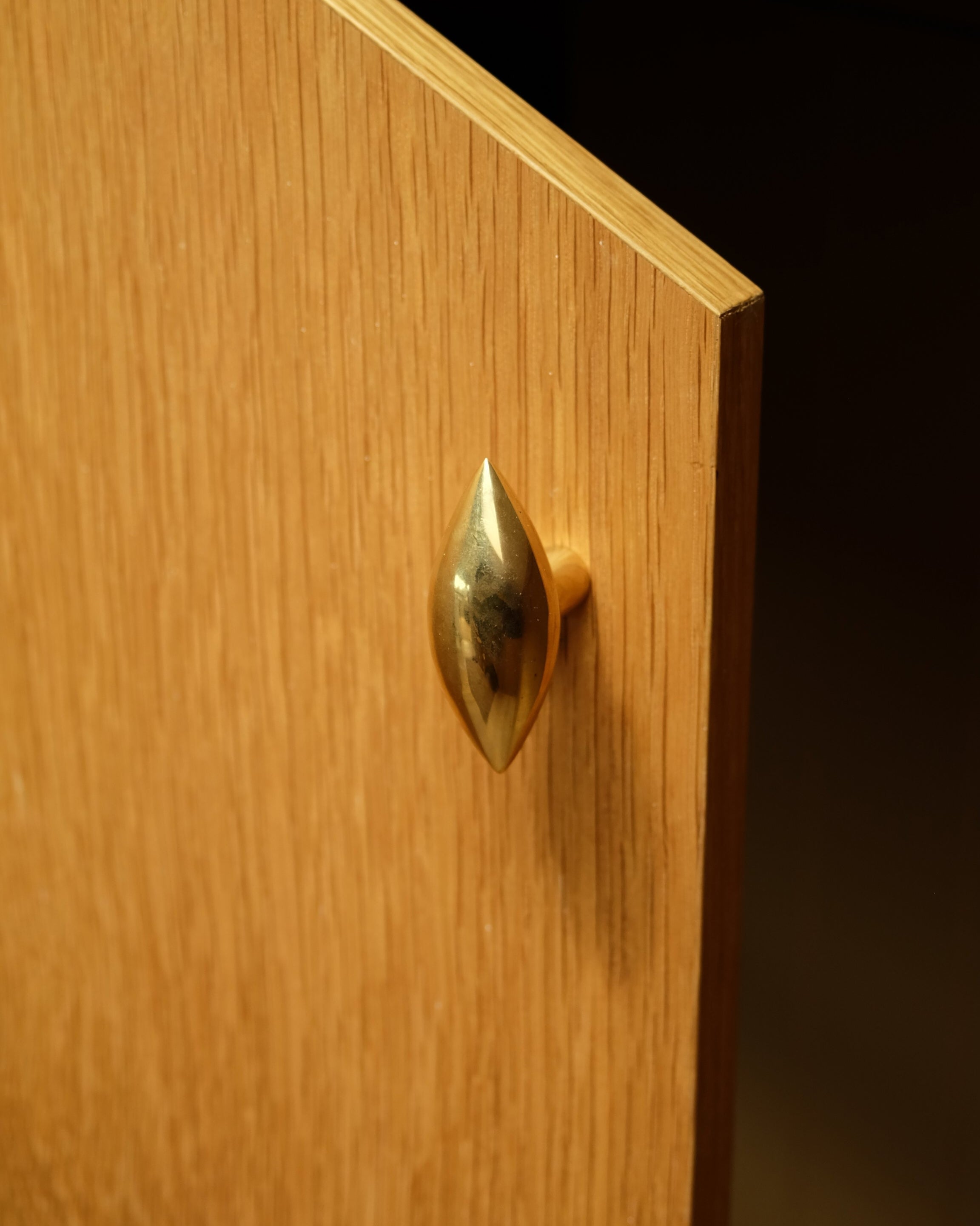 GOOD EYE Cabinet Knob/Wall Hook — close-up of brass knob on wood cabinet