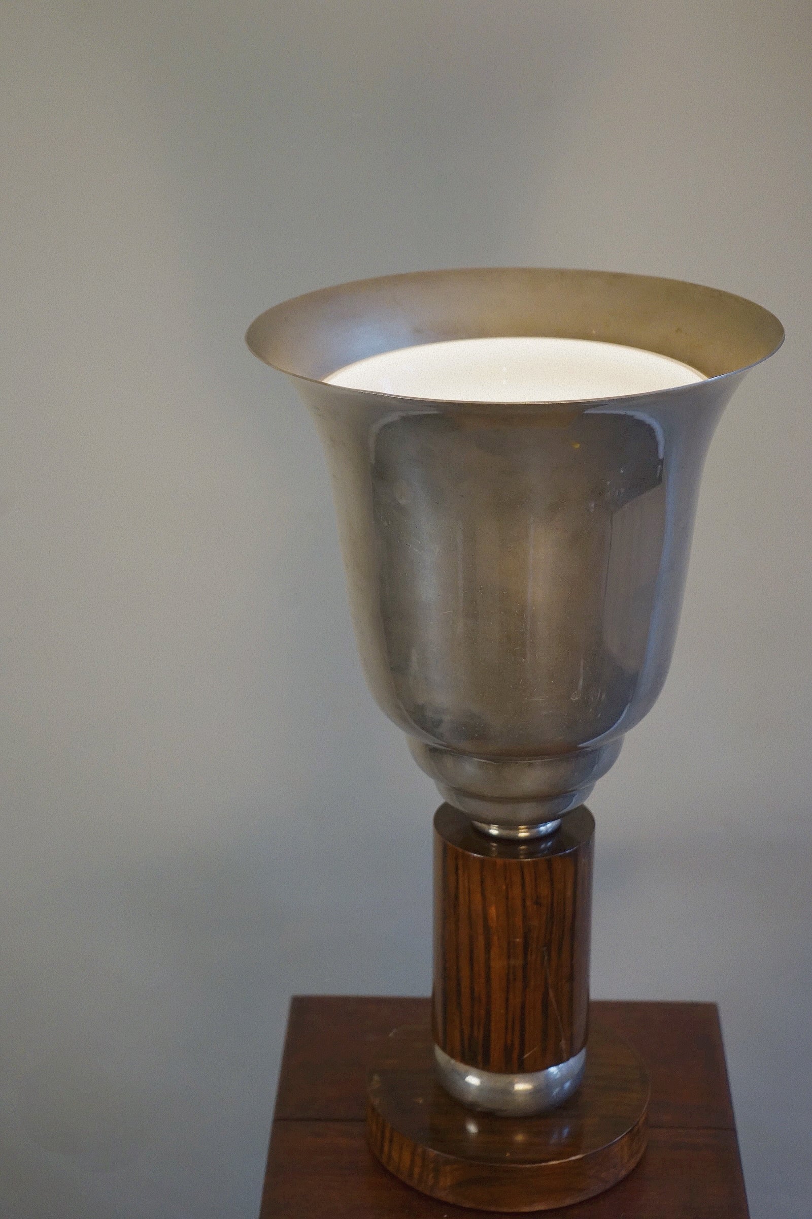 Art Deco Uplighter in Chrome and Wood, c.1930 — side angle highlighting chrome finish and wooden base