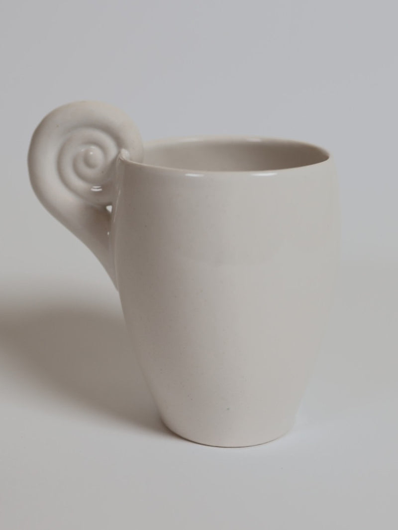 Aries white ceramic coffee cup with spiral horn handle