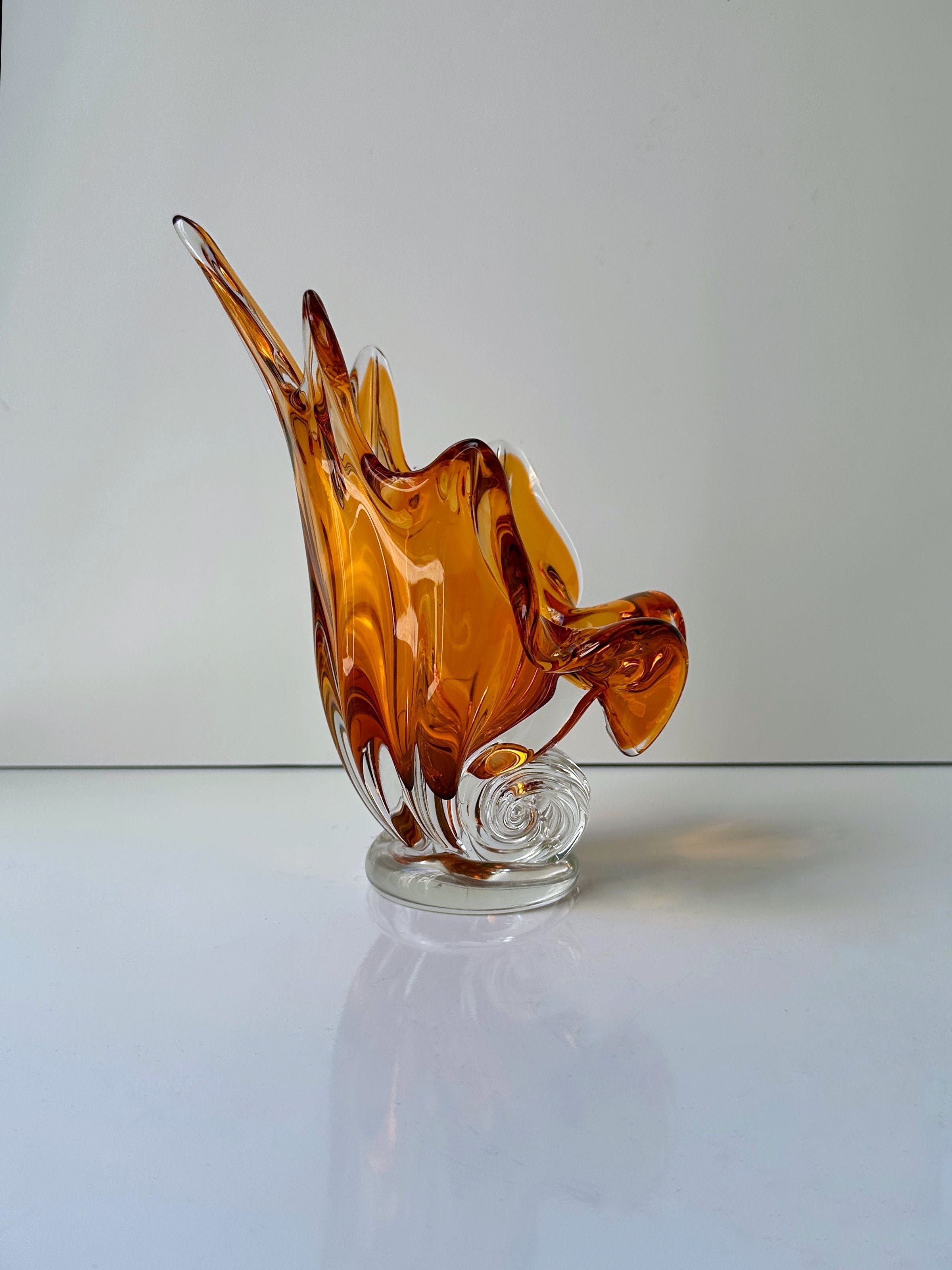 Orange/amber Coloured Murano Shell Bowl — top view highlighting glass curves