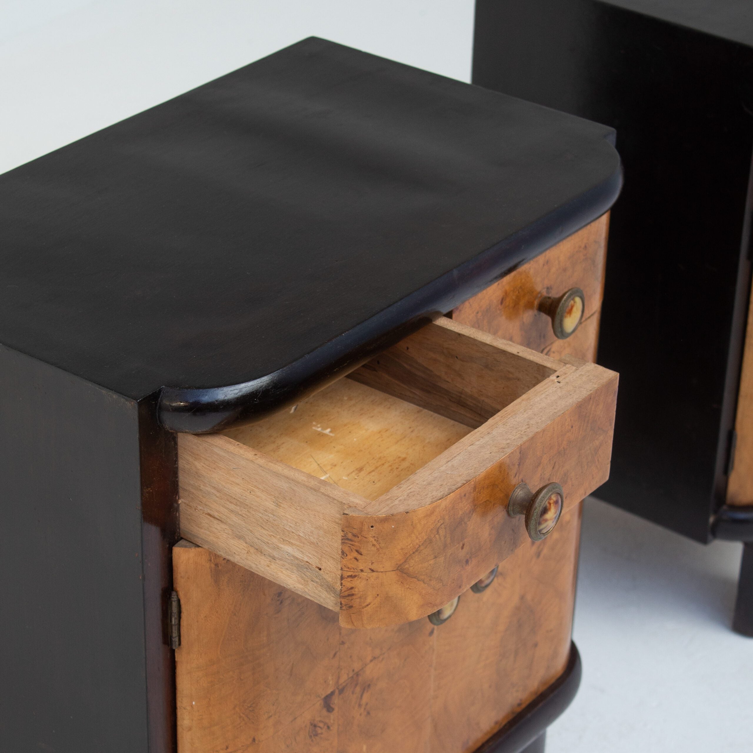 Pair of Italian Art Deco Bedside Cabinets — close-up of open drawer detail