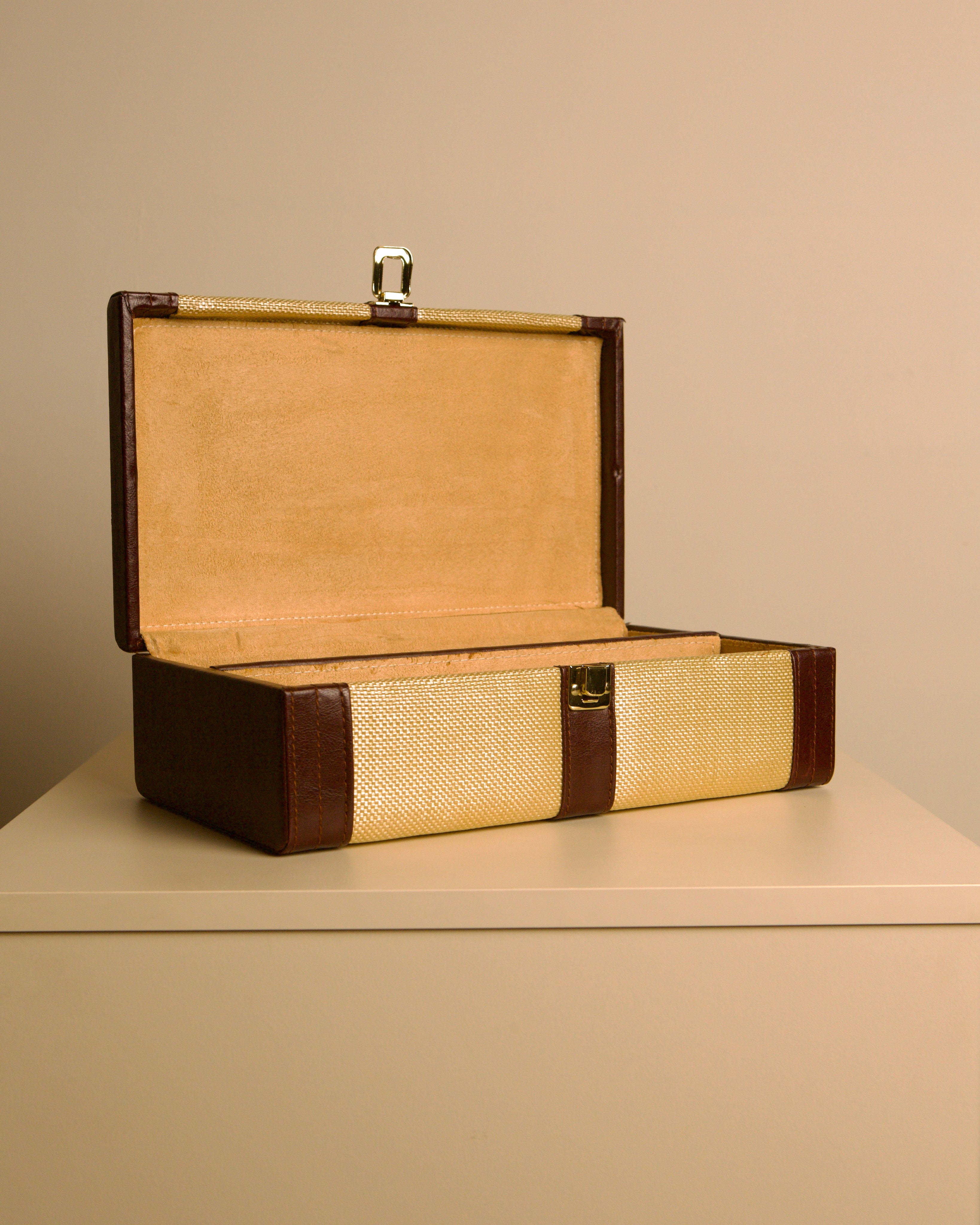 Woven-fabric and leather trunk box, Italy, 1960s — side angle