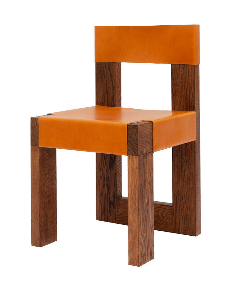 Chair object118 — close-up of orange leather seat and wooden legs