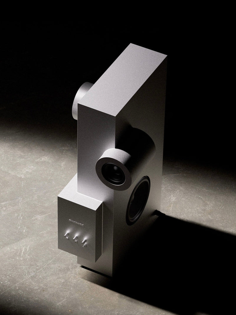 Brutalist Speaker Metal — angled view highlighting matte gray finish