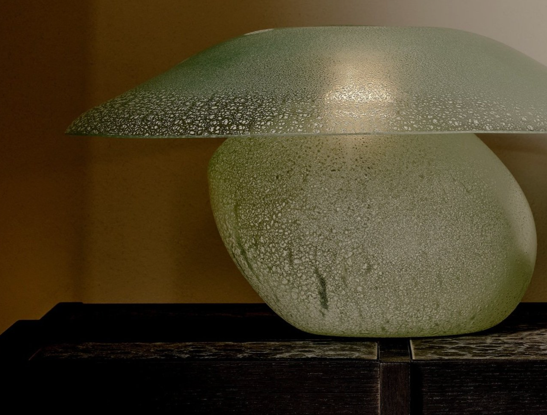 The Scavo Lamp — close-up of textured green glass shade