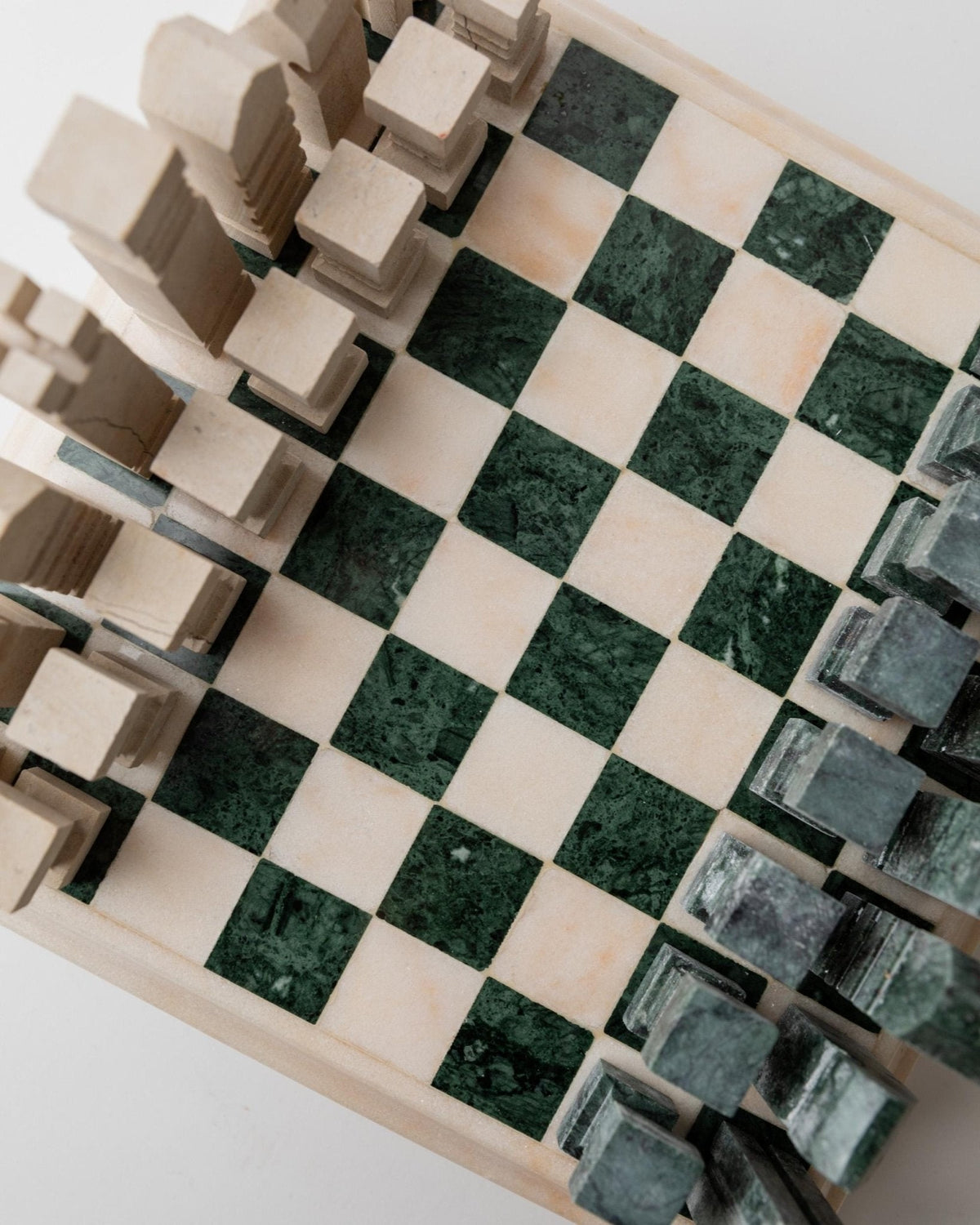 Vintage 1970s Marble Chess Set, Green and Beige Stone Chess Board, Heavy Design, Geometric Chess Pieces, Sculptural Table Game,  Gift Idea — view 10