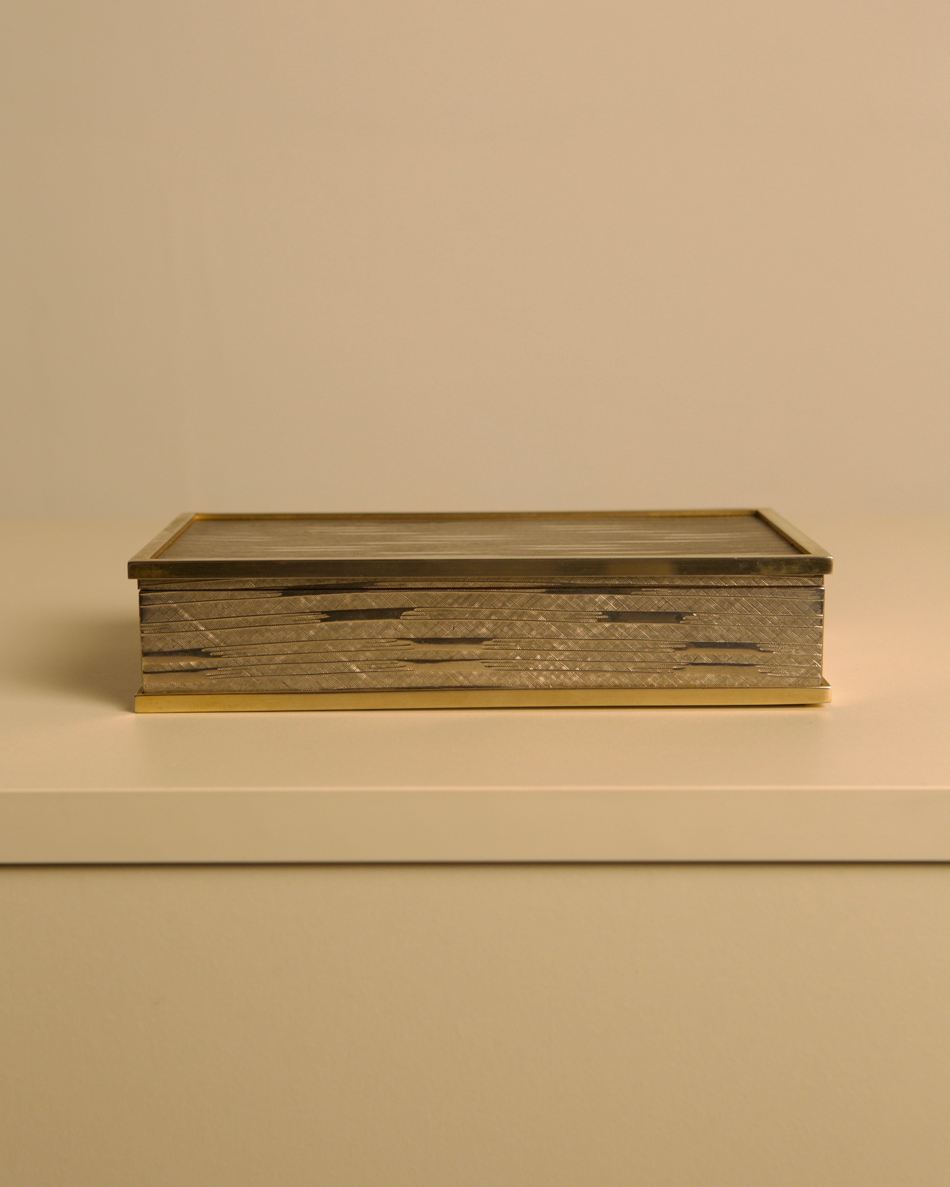 Italian Art Deco Box in Cut Metal and Brass, 1930s — side view highlighting textured metal and brass details